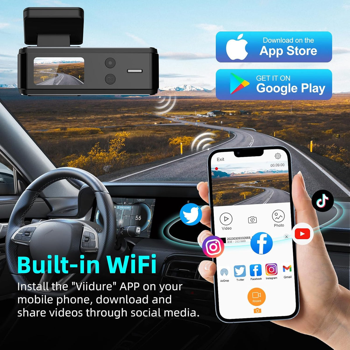 4K Dash Cam, Front and Rear Dual Dash Camera for Cars with 64GB Card, 5.8GHz WiFi, 360° Swivel Rear Camera, App Control, WDR, G-Sensor, Night Vision, Loop Recording, Parking Mode