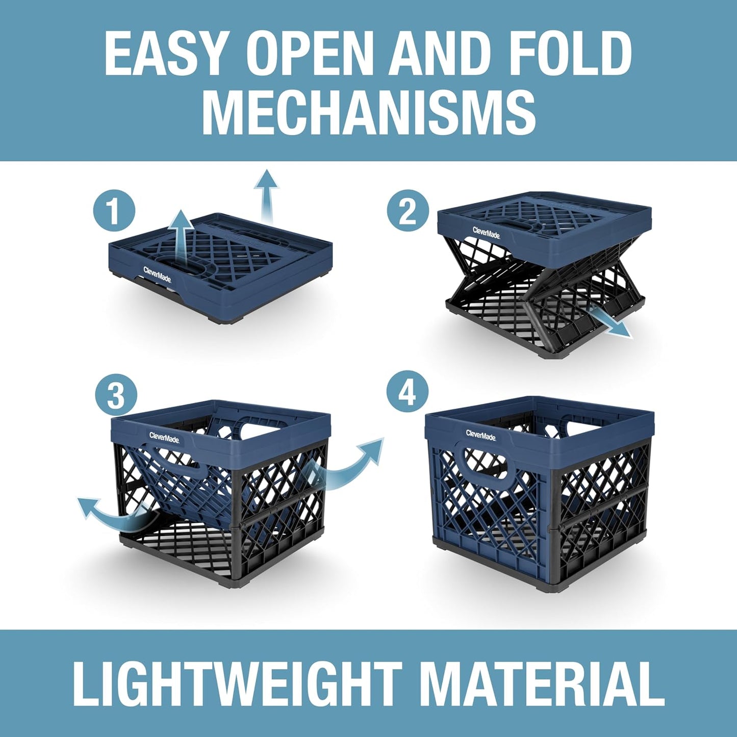 CleverMade Heavy Duty Collapsible Milk Crate, 25L, 3 Pack, 50 lb, Ocean | Stackable plastic storage crate with file rails for hanging folders and organizes garages, classrooms, offices and car trunks