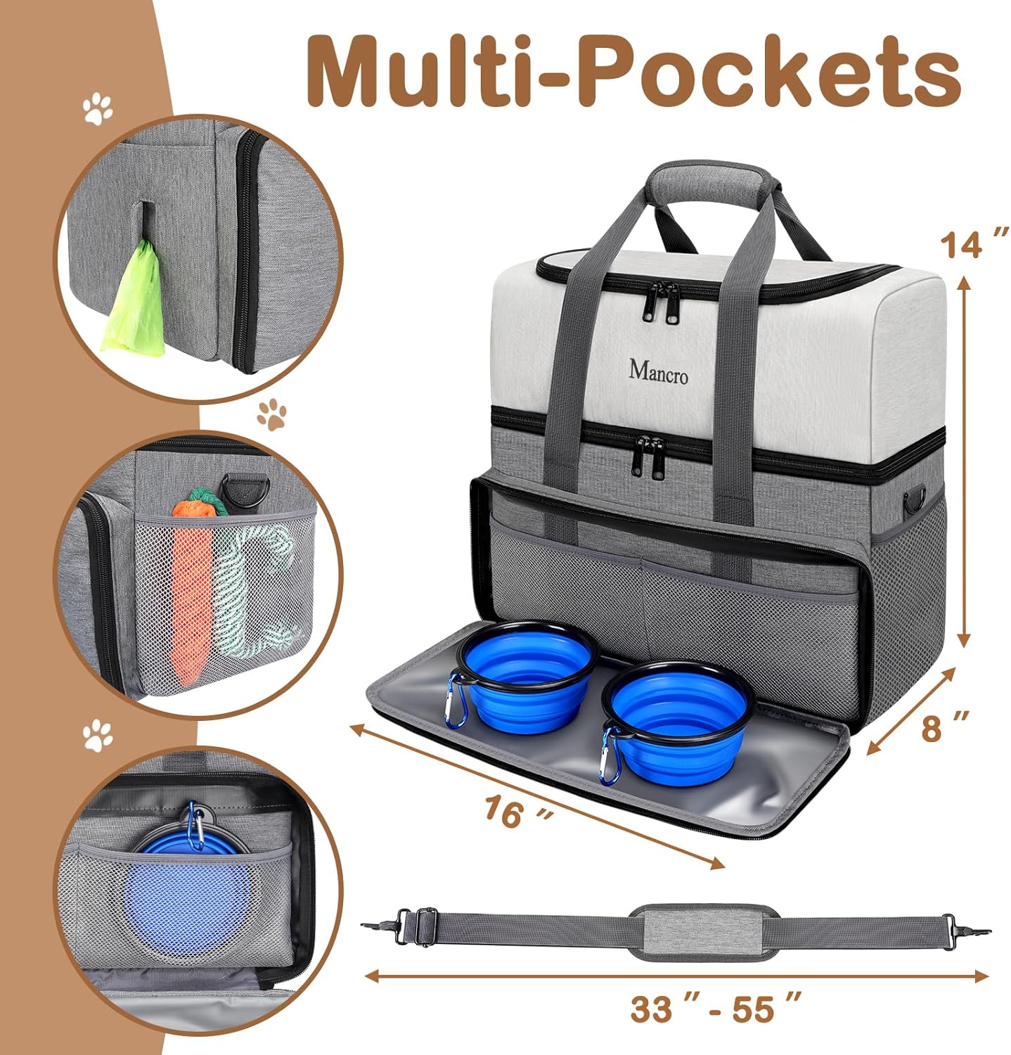 Mancro Dual Layers Dog Travel Bag, Dog Mom Gifts, Road Trip Essentials | Pet Travel Bags with 2 Extra Large Food Containers, 2 Collapsible Dog Bowls, Multi-Pockets Tote Organizer for Pet Supplies