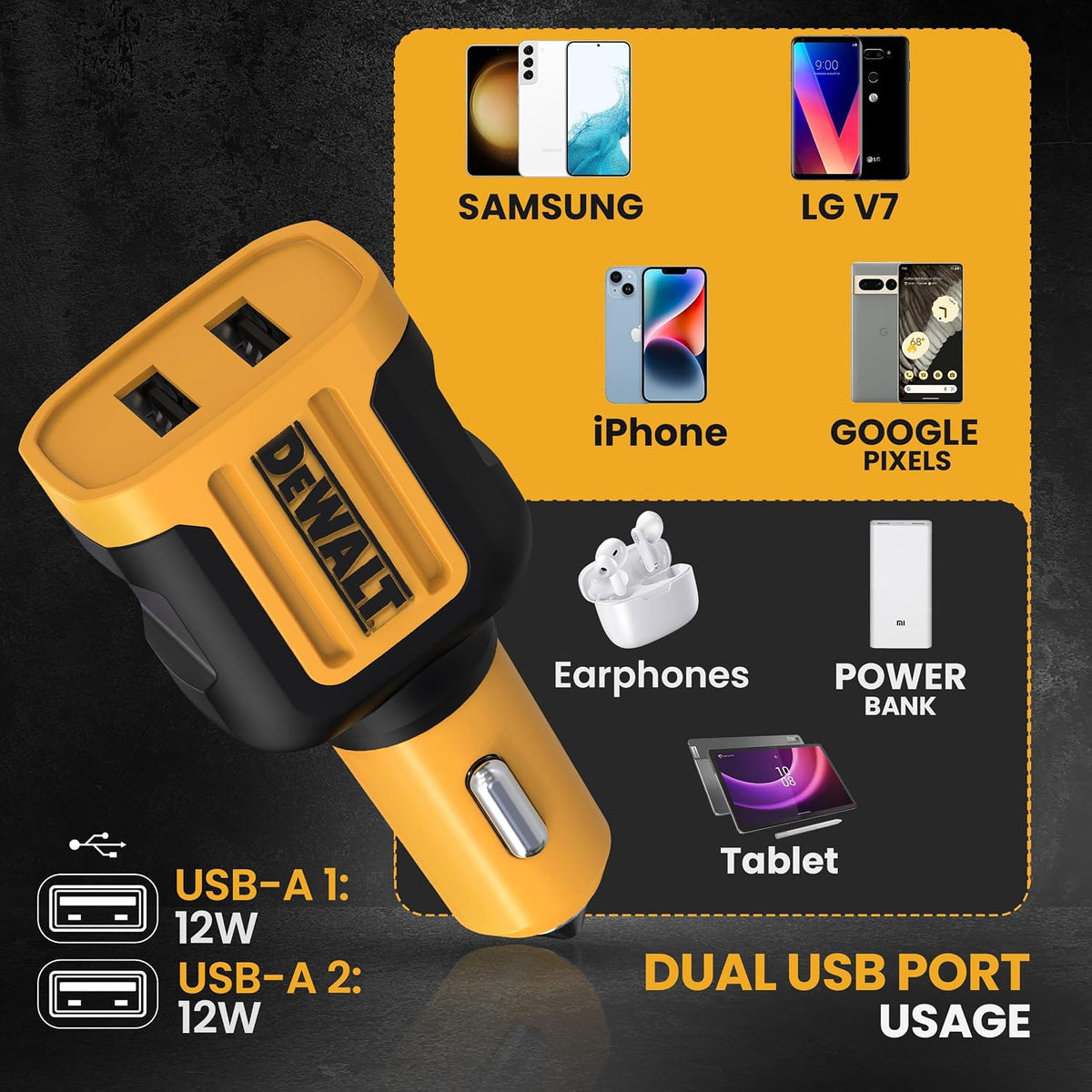 DEWALT Heavy Duty USB Car Charger Adapter, 24W, Cigarette Lighter Adapter