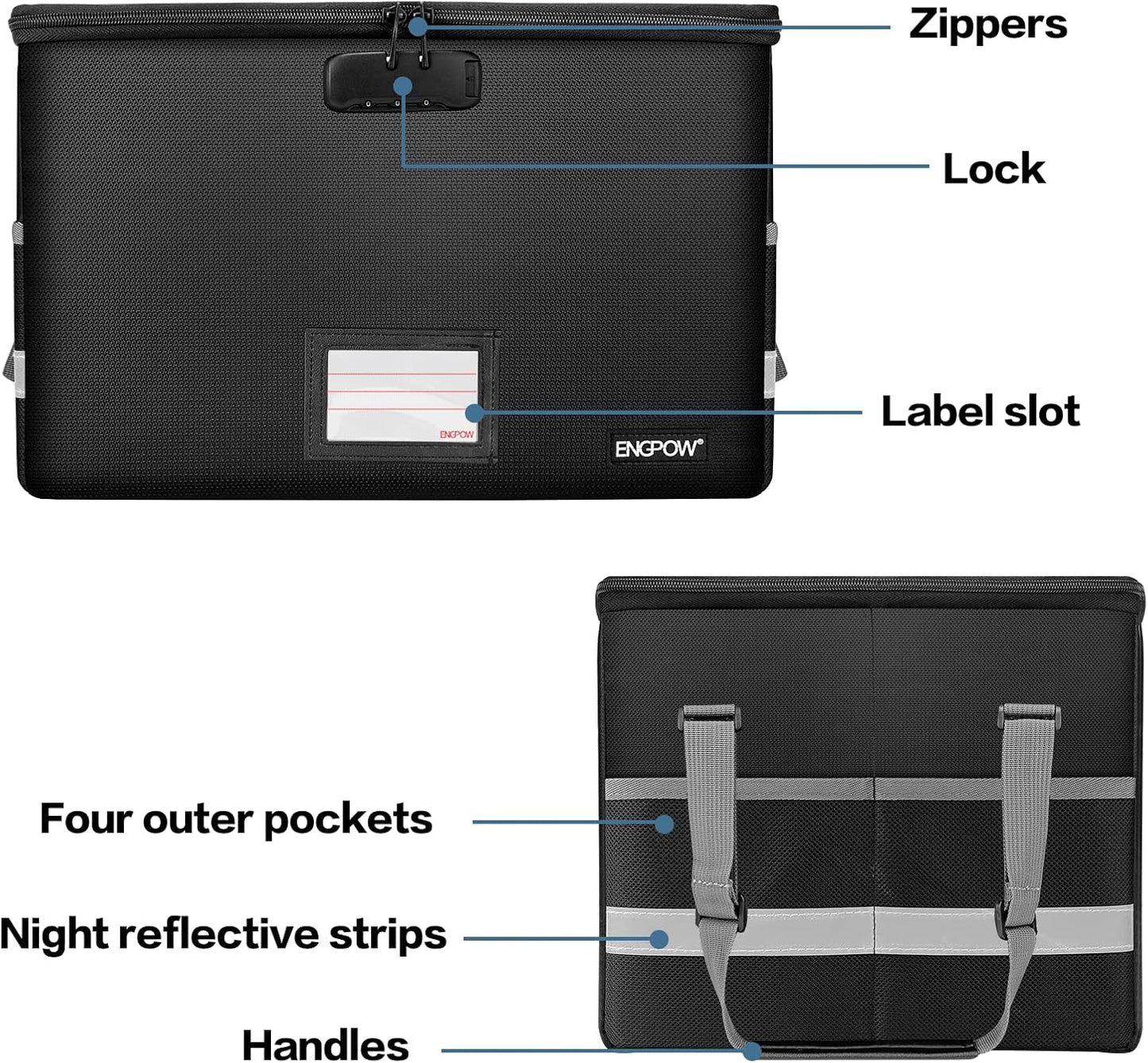 ENGPOW File Box with Lock,Fireproof Document Box with Zipper＆Pockets,Collapsible File Organizer Filing Storage Cabinet with Handle,Portable Home Office Safe for Hanging Letter/Legal Folder,Black
