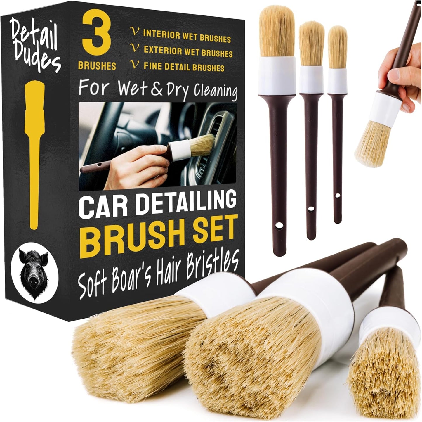 Car Detailing Brush Set 3-Pack, Interior and Exterior, Detail Dudes | Scratch-Free Boars Hair - Exterior & Interior Cleaning Brushes - Safe for Leather, Piano Black Trim, Dashboards & Wheels