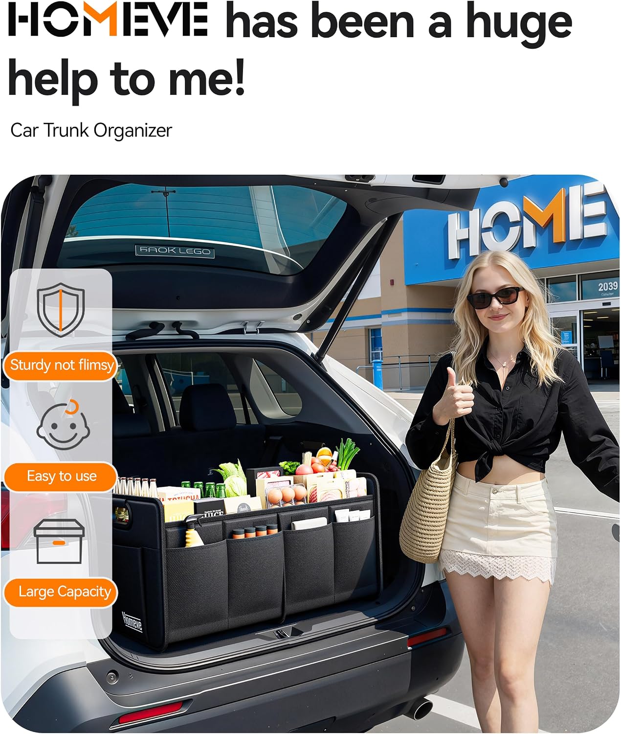 Homeve Car Trunk Organizer for SUV, Small Compact Size No-Sag Heavy Duty, 7 Pockets Foldable Waterproof Anti-Slip Storage, Fit Sedan, Truck, Front Seat, Universal Car Accessories, Black, 2 Compart