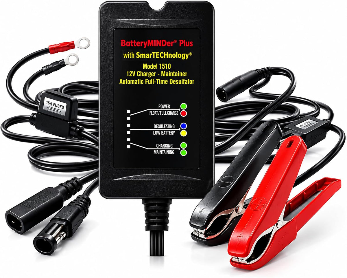 BatteryMINDer 1510 12 Volt-1.5 Amp Smart Battery Charger, Maintainer & Desulfator, Automatic Trickle Charger for Car, Motorcycle, Marine Batteries Ideal for Winter & Long-Term Storage