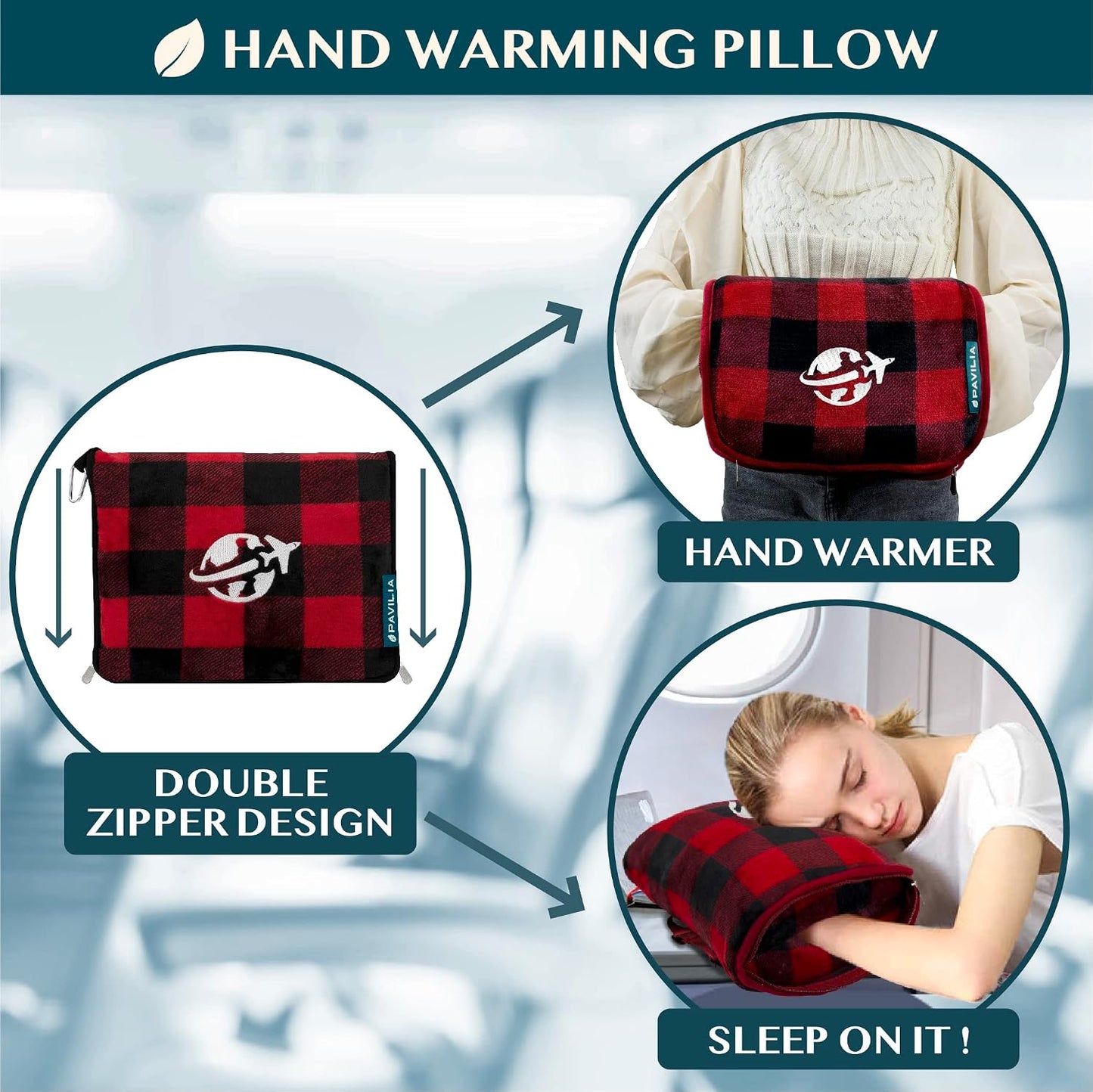 PAVILIA Travel Blanket and Pillow, Arms Opening Airplane Blankets for Adults, Compact Plane Blanket with Arm Hole 2-in-1 Bag for Flight Car Camping Luggage Backpack Traveler Gift, Checkered Red