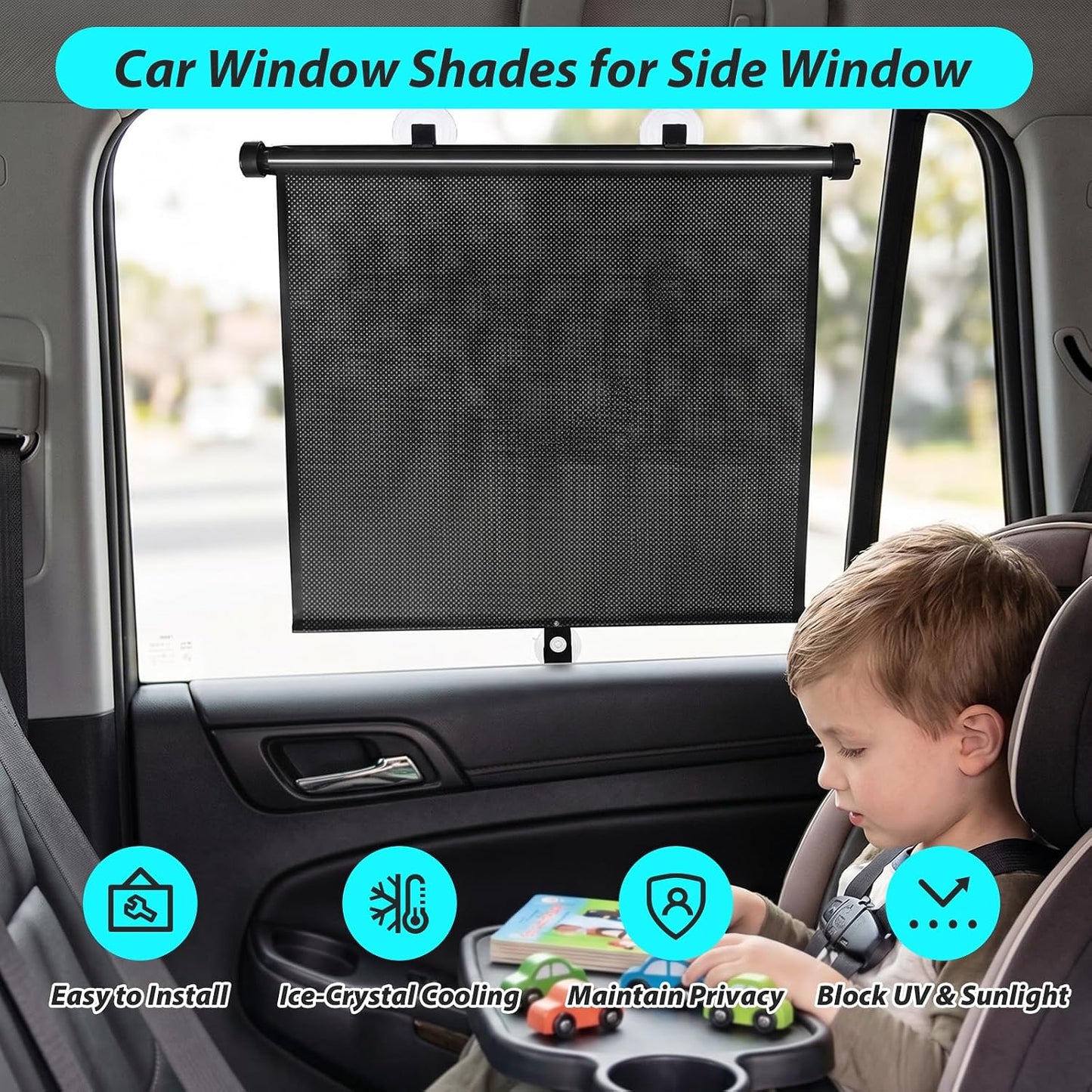 SYOURSELF Sun Shade for Car Window Baby, 2 Pack Retractable Sun Shade for Car Blocks Maximum UV Rays & Ice-Crystal Cooling, Roller Sunshade Visors for Baby, Children, Pets, and Passengers