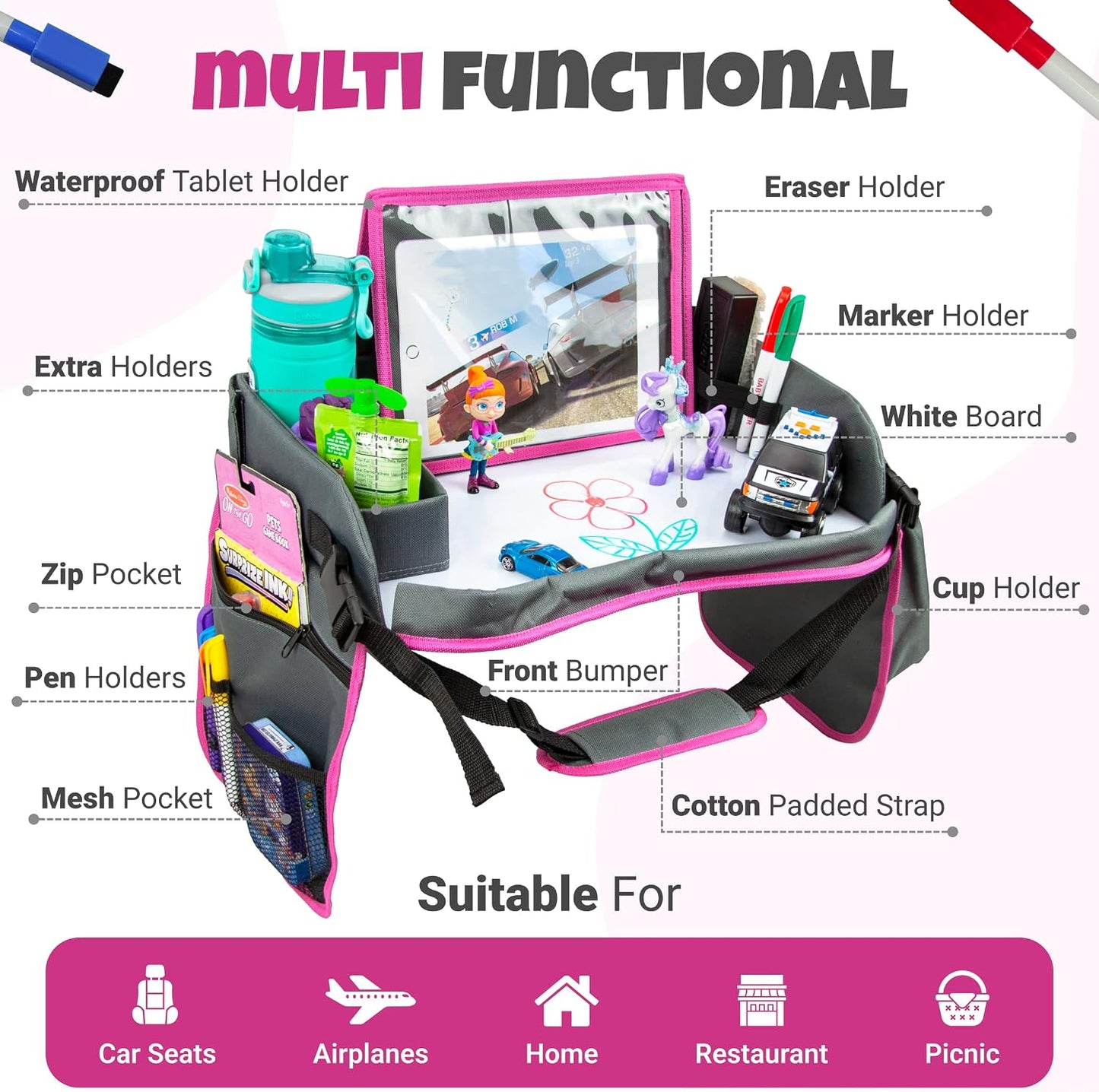 Kids Travel Tray with Dry Erase Board - Car Seat Tray for Kids Travel, Carseat Table Top for Toddler, Lap Desk for Car Seat, Activity Organizer & Snack Holder, Road Trip Essentials for Kid (Pink)