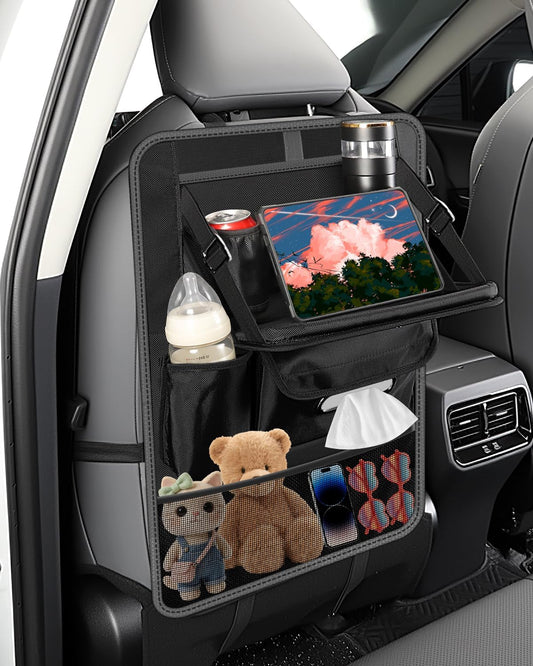 1pc Car Back Seat Organizer with Foldable Table Tray, 8 Storage Pockets & Tablet Holder, Kick Mat Back Seat Protector Cover for Kids, Road Trip Travel Accessories - Black