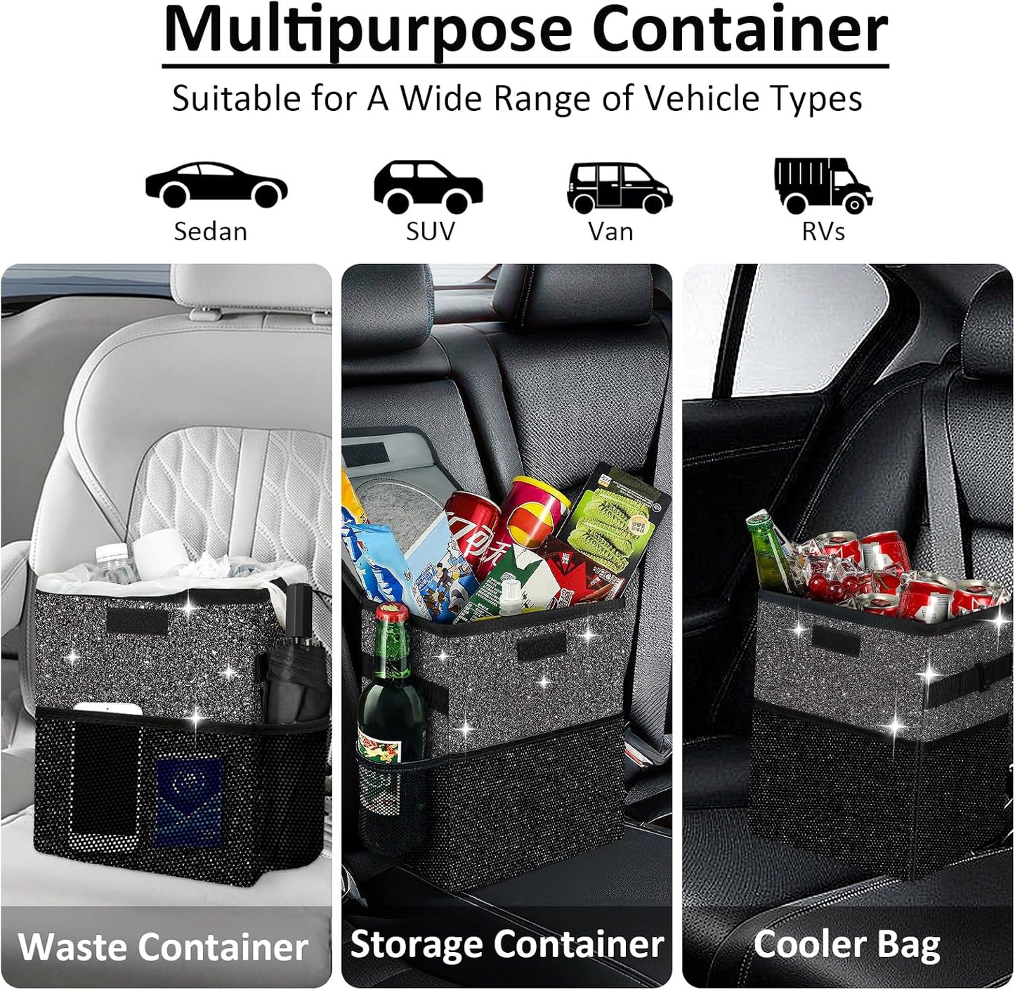 Cute Mini Car Trash Bag with Lid, Glitter Garbage Can Bin Hanging for Back/Front Seat/Console, Waterproof, Leakproof, 2.5 Gallon, Black Bling Sparkly