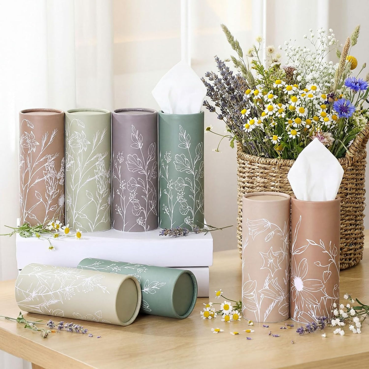 Fourluoo 12 Pack Flower Line Art Tissue Boxes for Car Cylinder Bulk Colorful Floral Round Cylinder Holder with 3 Ply Facial Tissues for Spring Summer Travel Bathroom Office Decoration