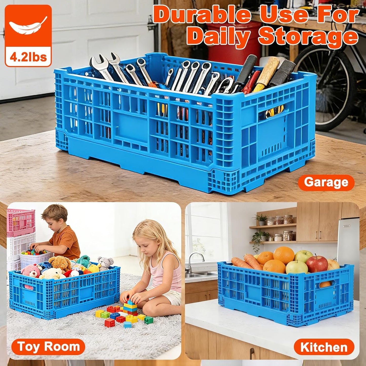 52L Plastic Collapsible Storage Bins with Handles, | Stackable Folding Storage Crates, Hold 130 lbs Per Bin, Heavy Duty Milk Crates Containers for Home Organizing