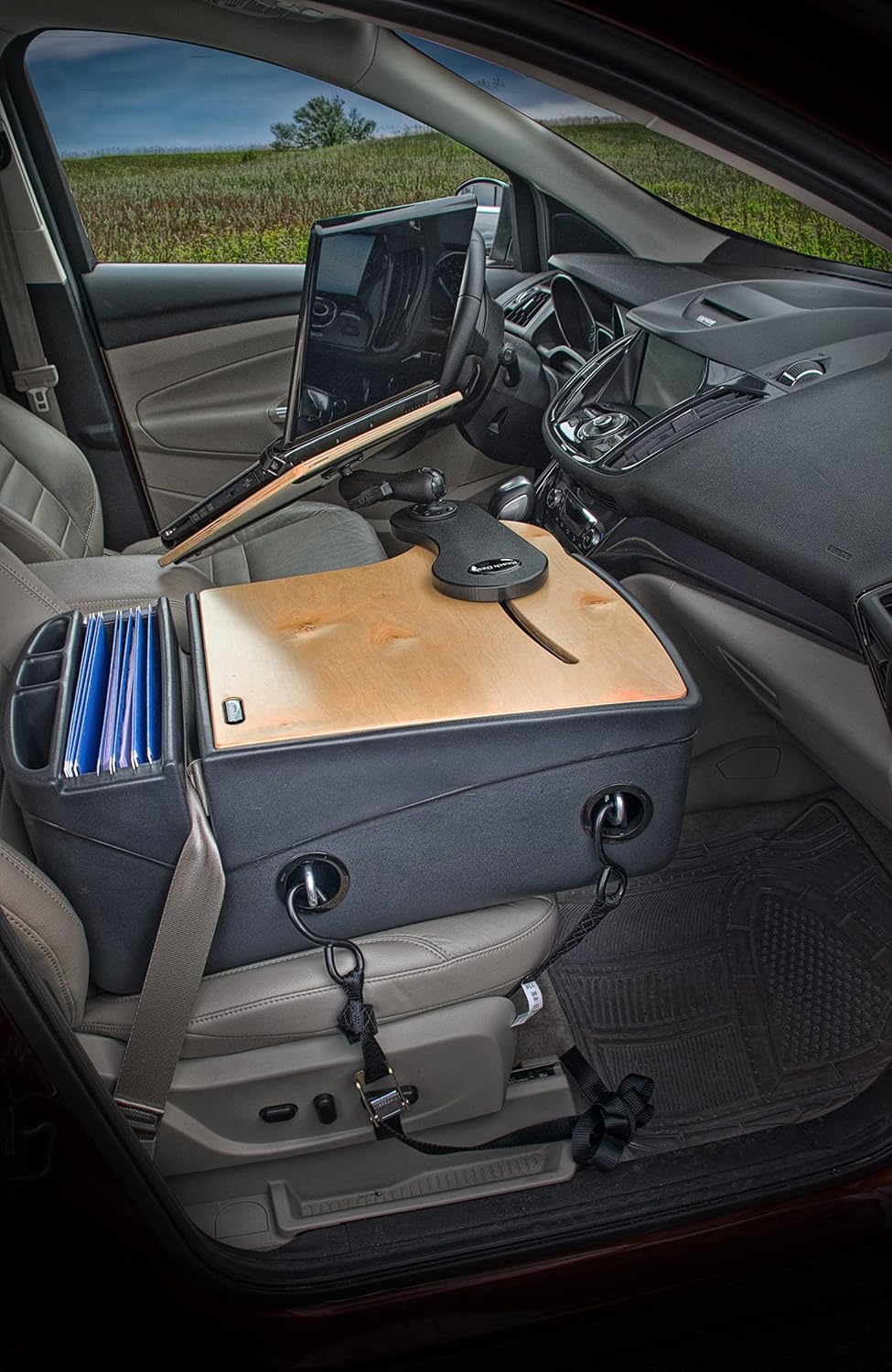 AutoExec Reach Car Desk for Your Vehicle Workstation and Mobile Office, Front Seat, Natural Birch