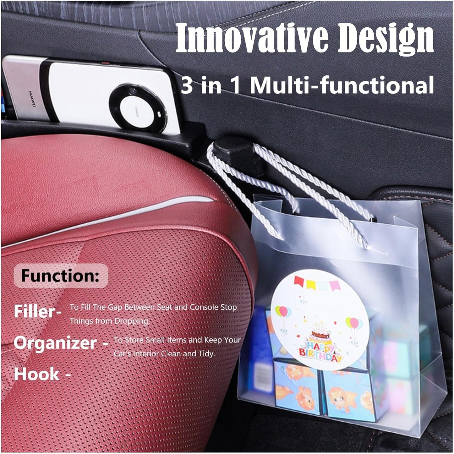 Car Seat Gap Filler Organizer 2 Pack, 3in1 Carseat Side Gap Plug with Filler, Organizer & Hook Functions, Gap Space Stopper Universal Fit Car SUV Truck Fill the Gap Between Seat & Console, Black