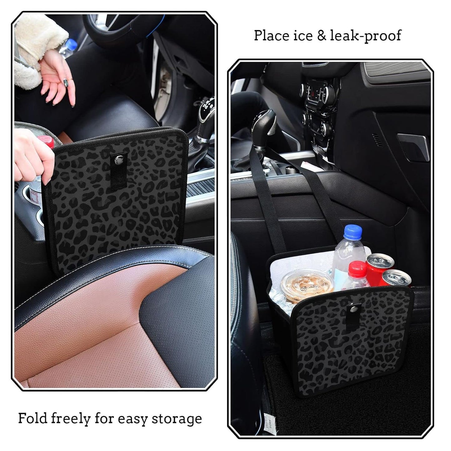 Black Leopard Car Trash Can, Foldable Hanging Car Trash Bag, Small Waterproof Car Accessories Garbage Bin Cheetah Print