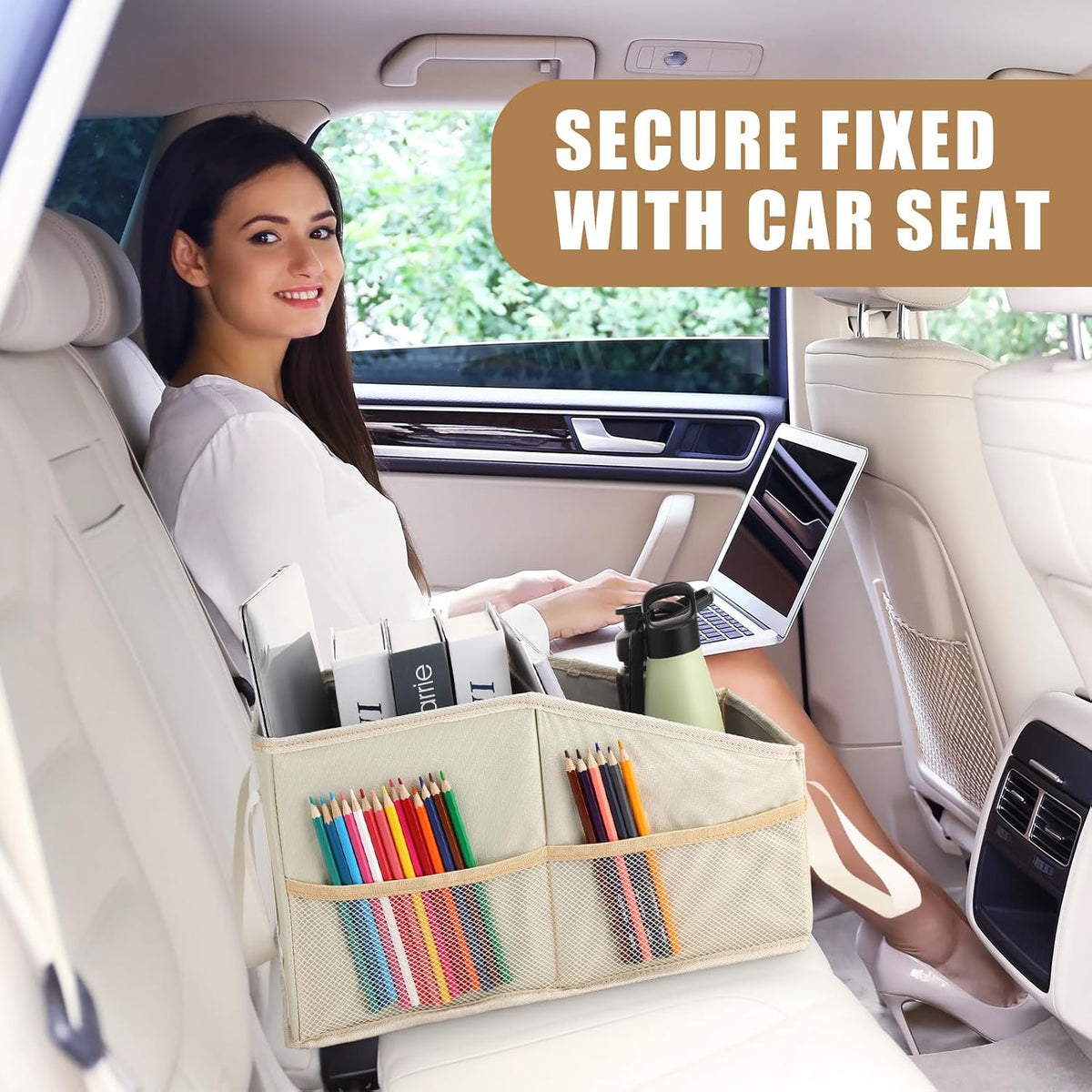 Honeydak Passenger Seat Organizer, Collapsible Car Storage for Console Front/back Seat with Multi-pockets Car Caddy Organizer Suv Truck for Kids Adults Accessories(Beige,2 Compartments)