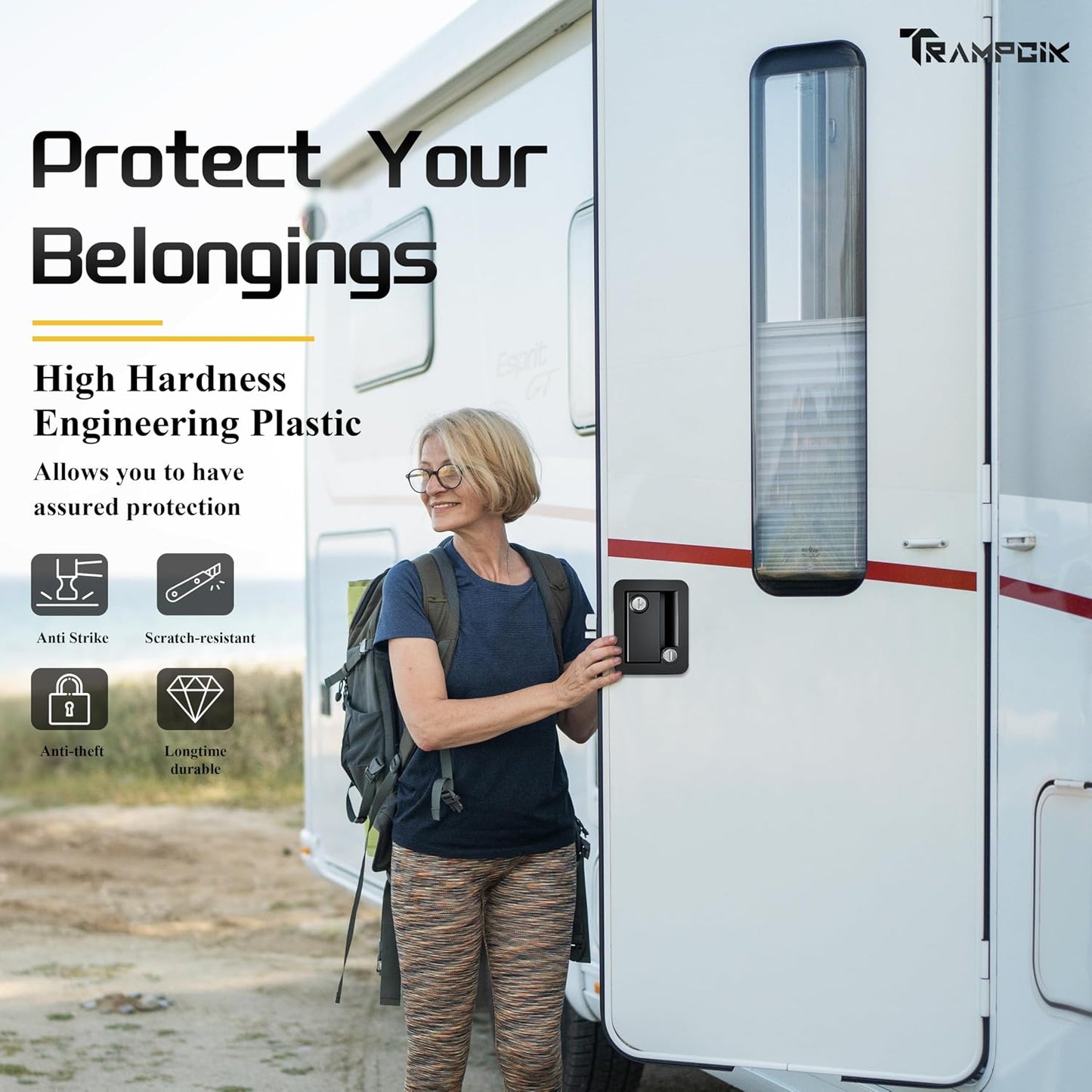 Engineering Plastic Camper Door Lock, RV Door Lock Replacement, Fit 3.65" x 2.95" Hole, for Motorhome,RV Camper,Entrance Front Door, 1 Lock+4 Key Aliked
