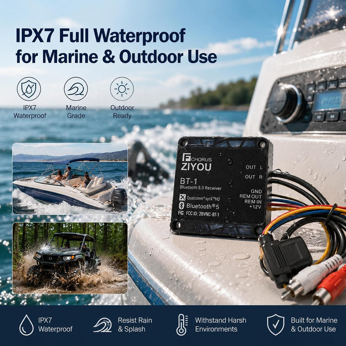 BT-1 IPX7 Bluetooth Receiver aptX HD Dual RCA Marine Vehicles