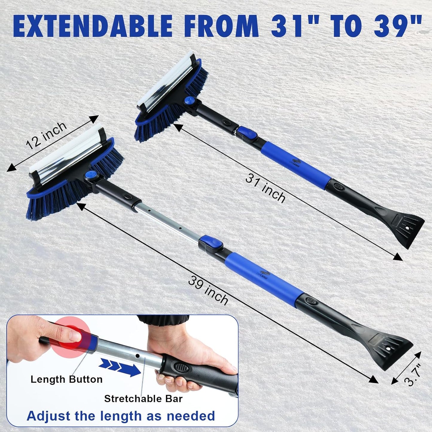 CARCAREZ 39" Extendable Car Snow Brush and Ice Scraper, Windshield Window Ice Snow Removal Snow Broom with Foam Grip 180° Pivoting Brush Head Snow Scraper for Car Auto Truck SUV