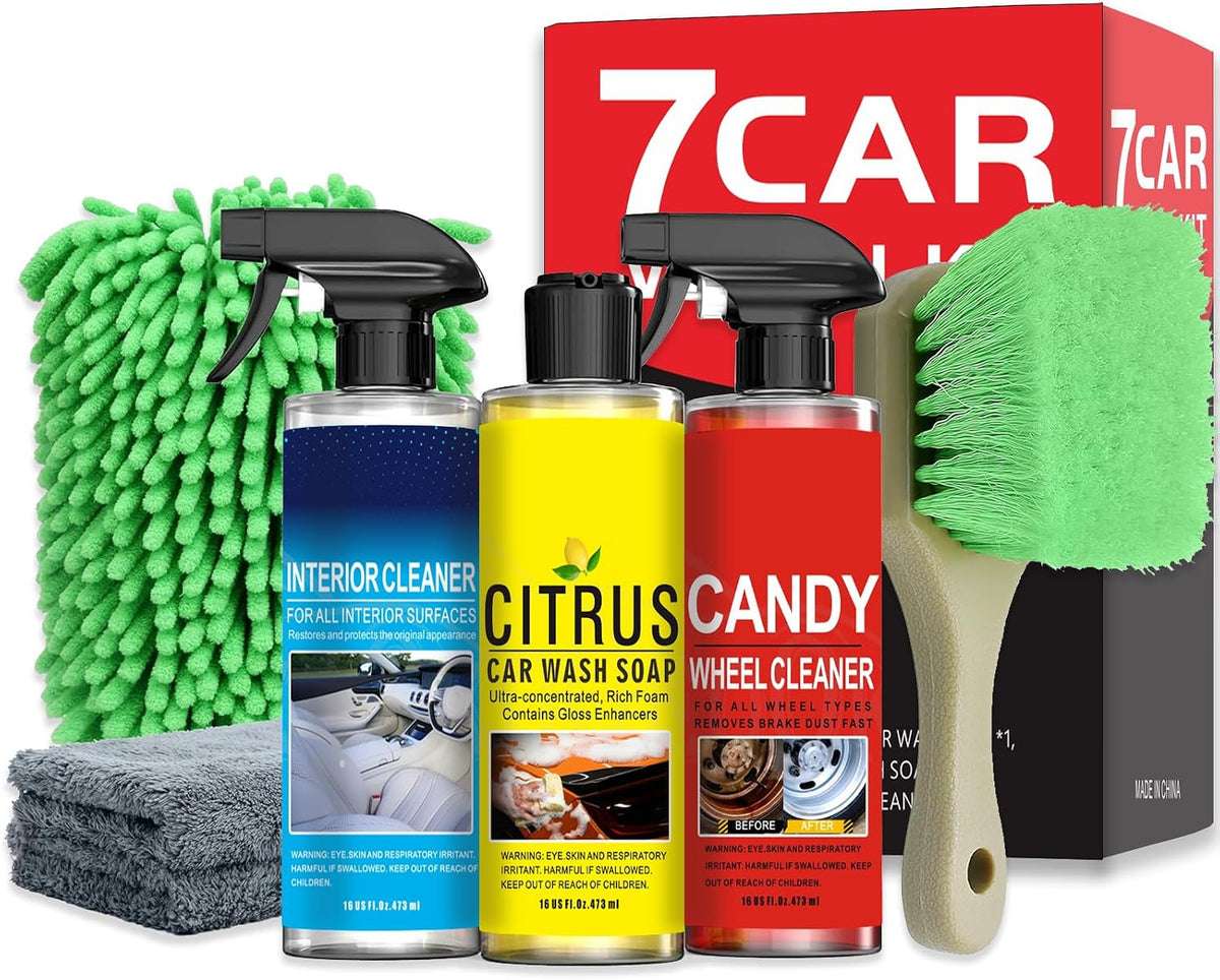 Complete Car Cleaning Kit - Interior Cleaner, Citrus Car Wash Soap, Wheel Cleaner with Chenille Glove, Wheel Brush & Microfiber Towel | for Cars, Trucks, RVs & SUVs
