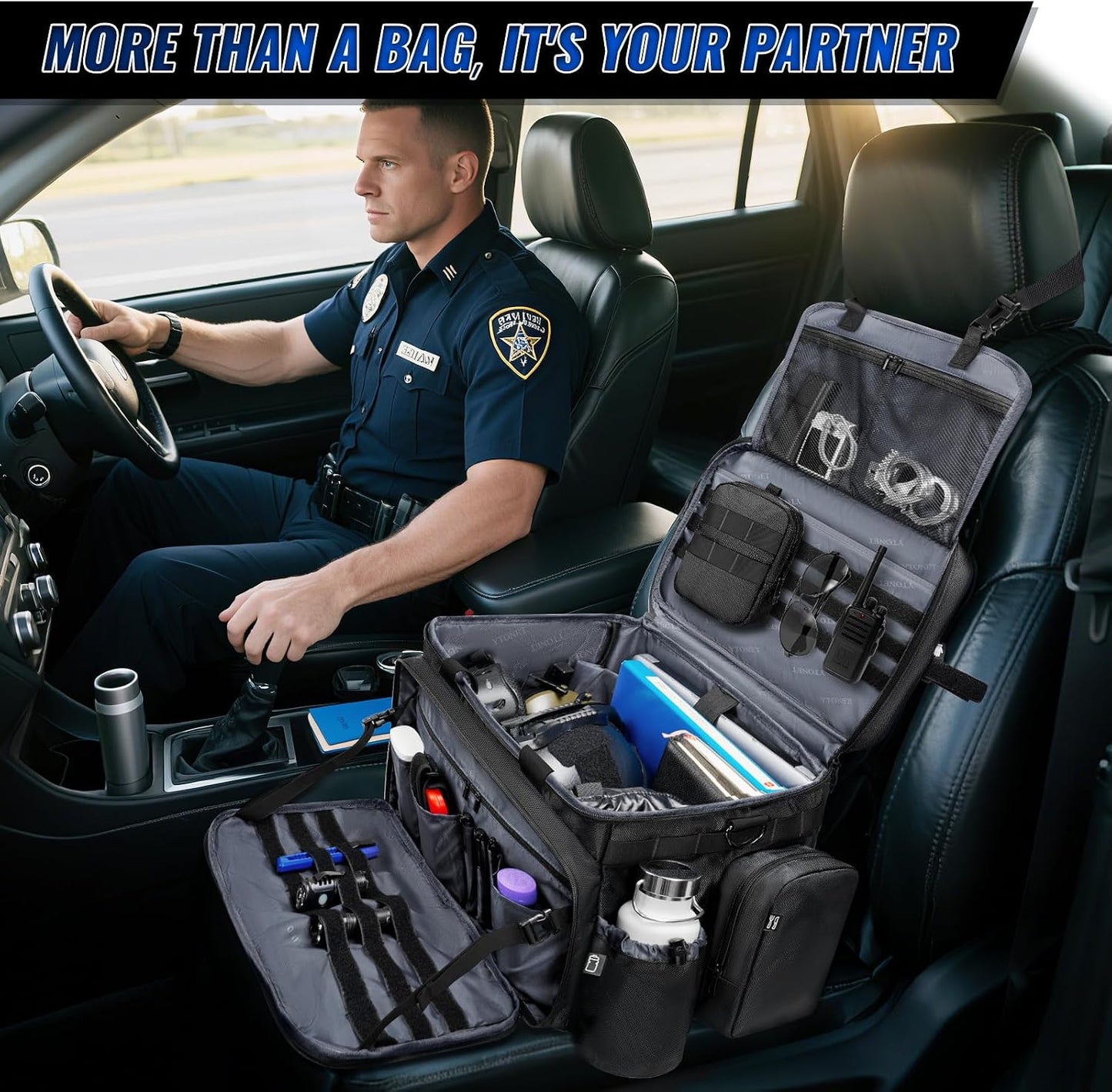 Patrol Bag Law Enforcement, Extra Large Police Gear Bag for Car Front Seat Organizer with a MOLLE Pouch & 15.6In Laptop Layer, Multiple Compartments Police Duty Bags Fit Passenger Seat, Pure Black