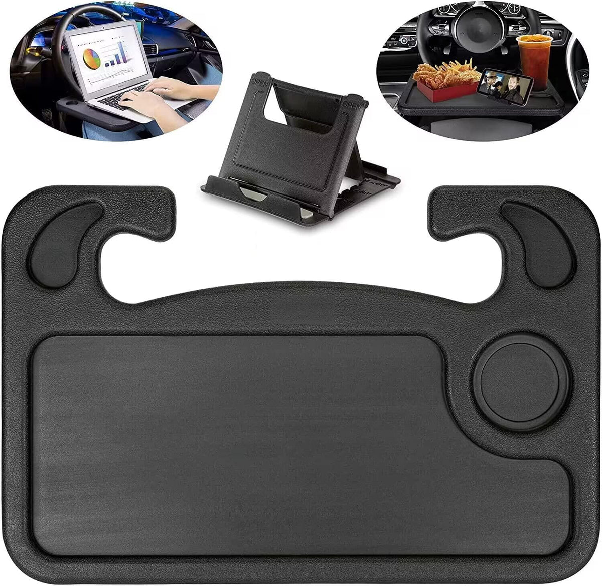 Car Steering Wheel Tray Table Food Eating Hook On Steering Wheel Desk Laptop Holder with Cell Phone Stand Car Table Laptop Tray for Eating Tablet iPad and Notebook Black
