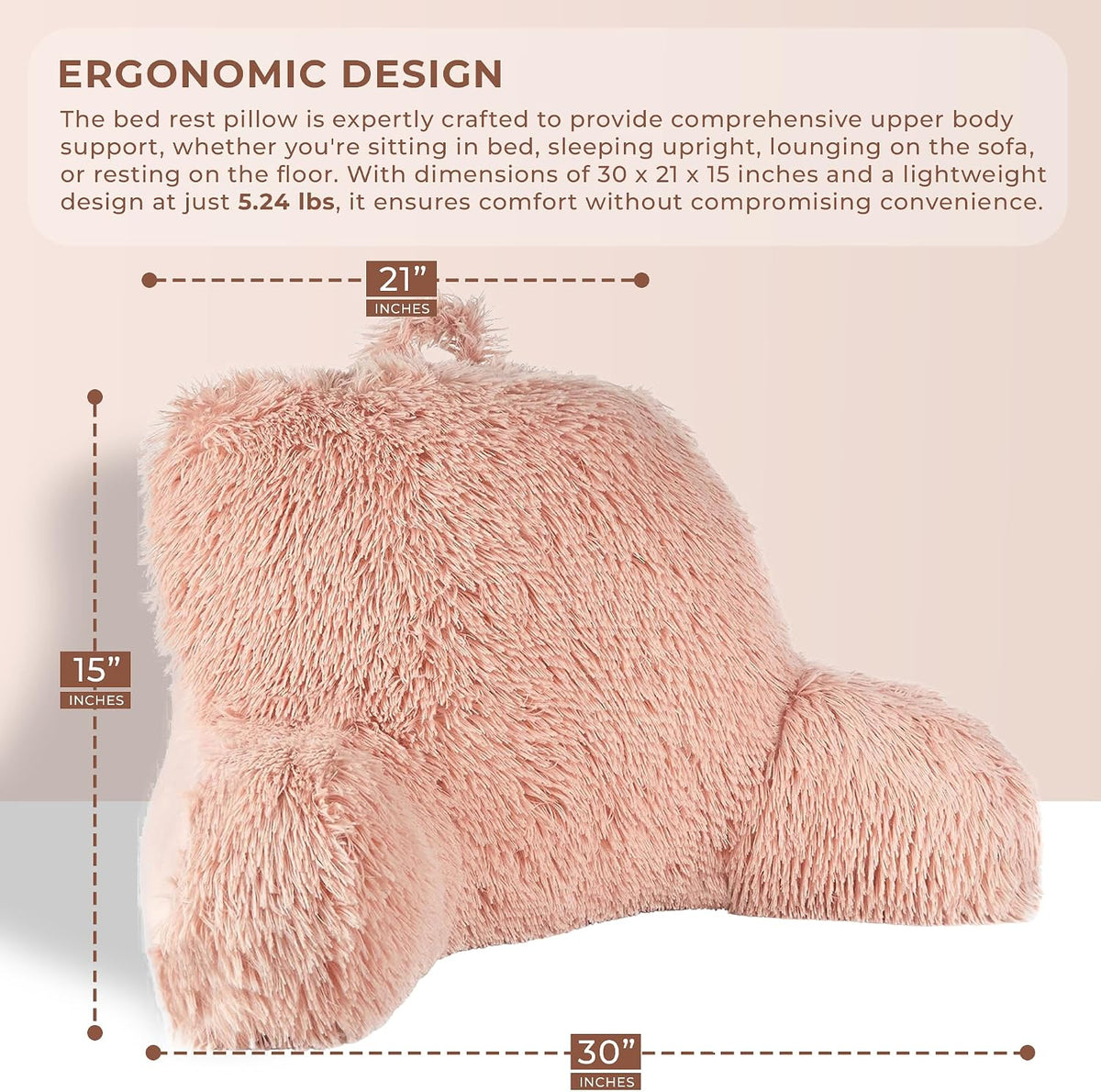 Klear Vu Shaggy Reading Pillow Back Rest Body Pillow for Adults and Kids, Lumbar and Arm Support on Bed, Chair, Couch, Sofa and Floor, 30" x 21", One Size, Apricot Sherbert