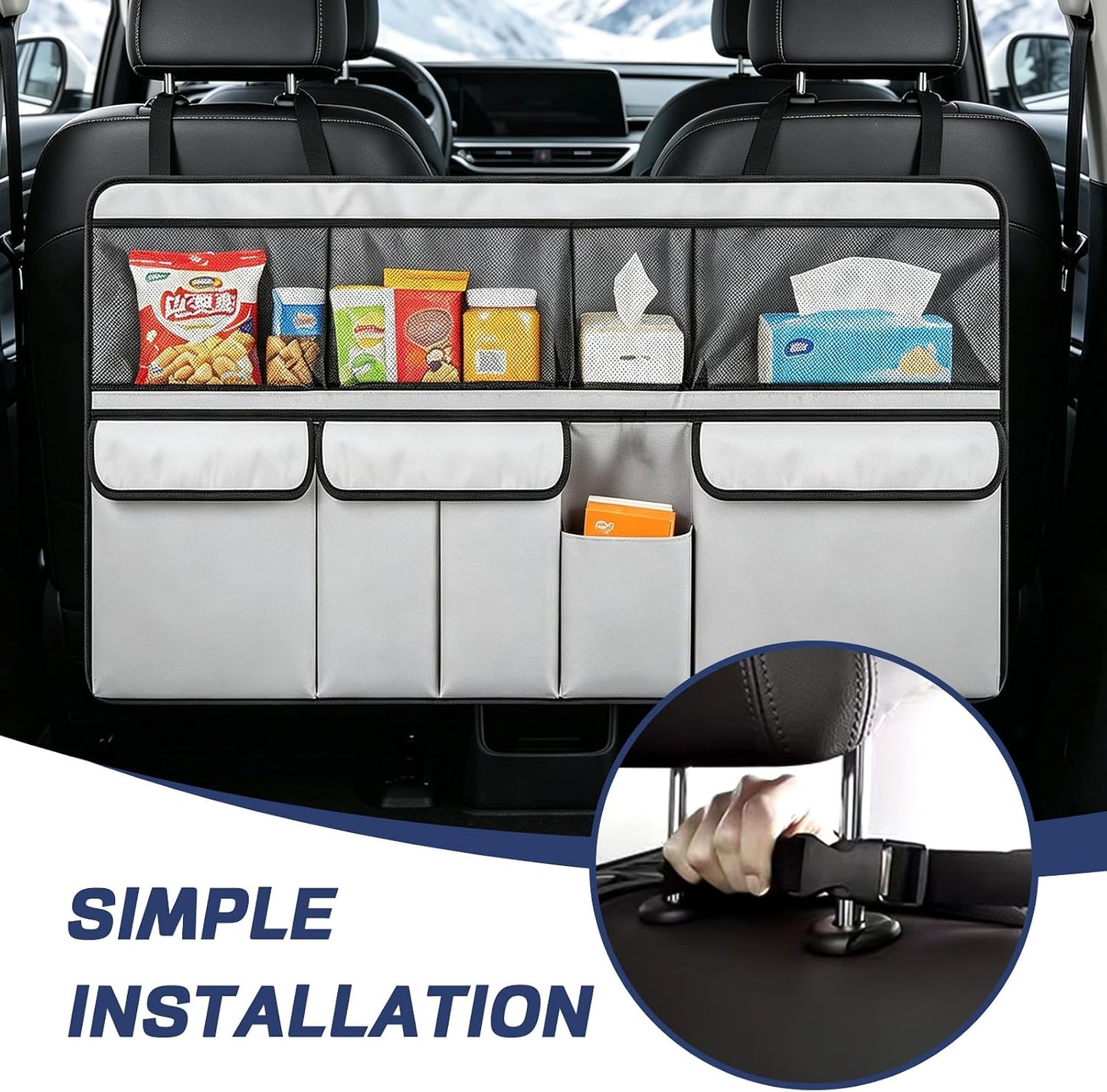 wuyaoyao Car Trunk Organizer, 9 Pockets Large Capacity Vehicle Backseat Hanging Storage Bag, Space Saving Automotive Seat Back Trunk Cargo Organizer Bag for SUV, Universal Car Accessories (Gray)