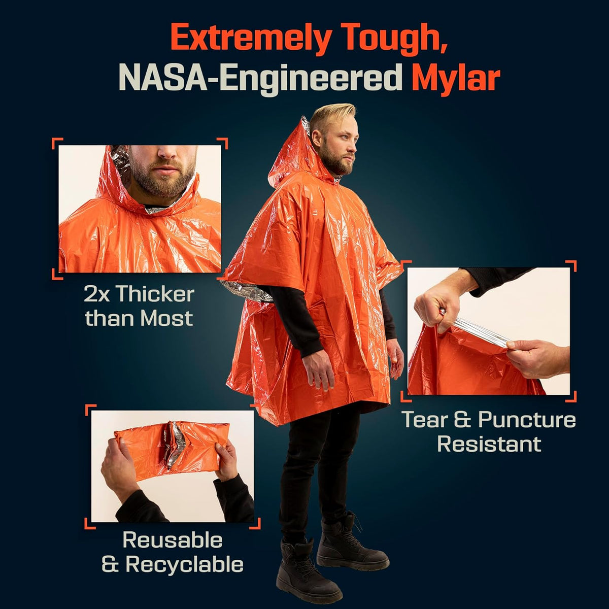 PREPARED4X Emergency Mylar Poncho – Survival Rain Poncho with Hood – Lightweight, Compact, Reusable Emergency Blanket Poncho for Hiking, Camping, Thermal Gear, Car Kit, Outdoors