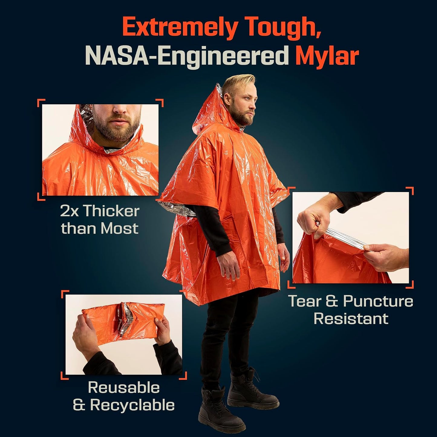 PREPARED4X Emergency Mylar Poncho – Survival Rain Poncho with Hood – Lightweight, Compact, Reusable Emergency Blanket Poncho for Hiking, Camping, Thermal Gear, Car Kit, Outdoors