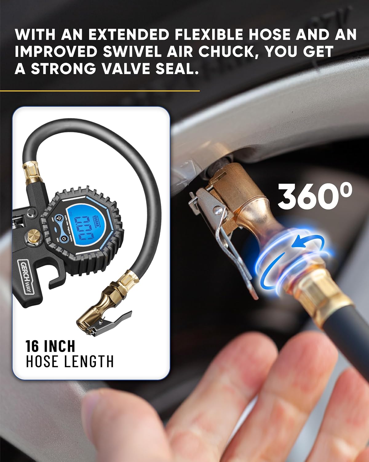 GERCHWAY Digital Tire Pressure Gauge with Inflator for Air Compressor