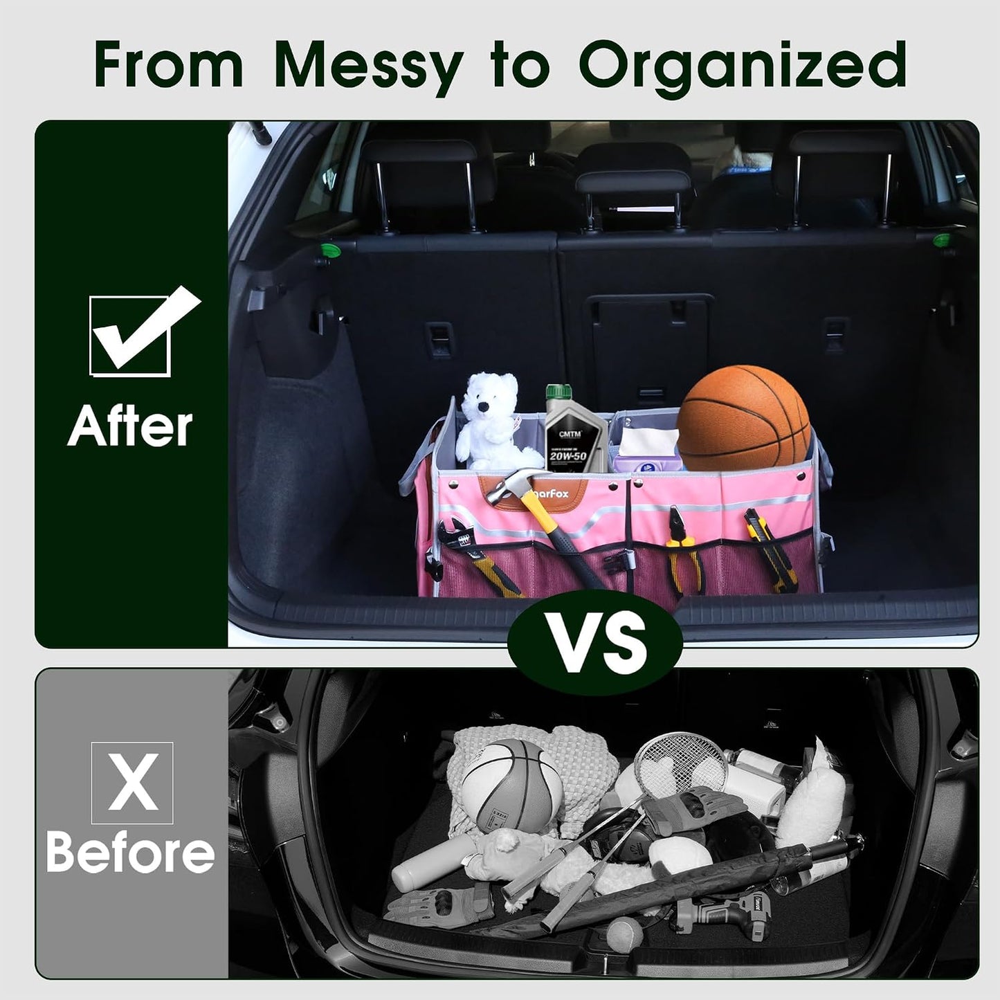 SugarFox Car Trunk Organizer for SUV, 70L Heavy Duty Waterproof Trunk Organizer, Foldable Vehicle Organizer with Anti-Slip Base, 24”x13.8”x11.8”, Pink-M003
