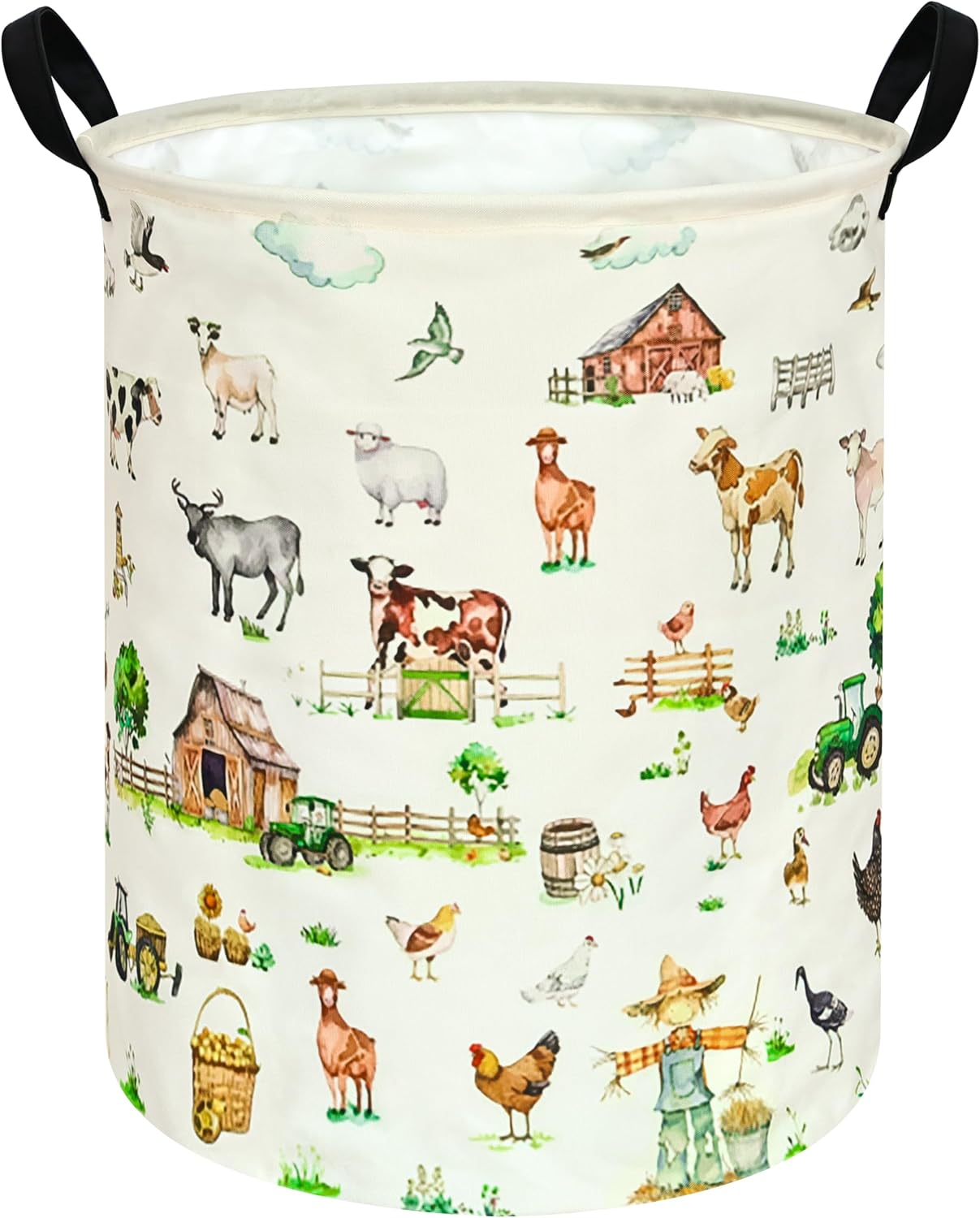 Collapsible Kids Laundry Basket Clothes Hamper, Foldable Storage Organizer Bin, Toy Clothes Storage with Handles for Boys Girls Bedroom, Room Decor Farm
