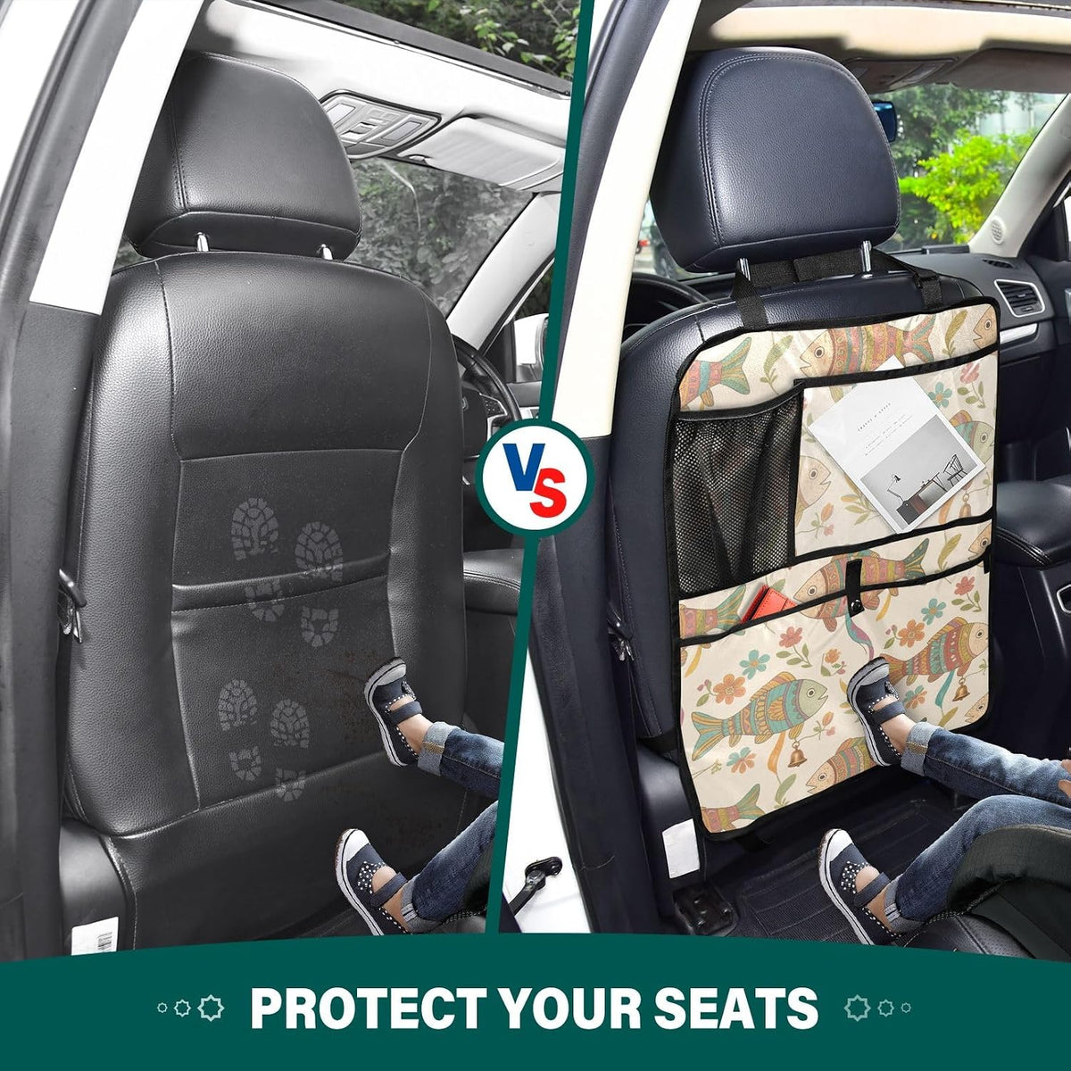 Car Back Seat Organizer with Fish Pattern, Multi-Pocket Storage Bag, Beige, Polyester, 25x18 Inch, Mesh Cup Holder, PVC Tablet Pocket, Kick Mat Protector