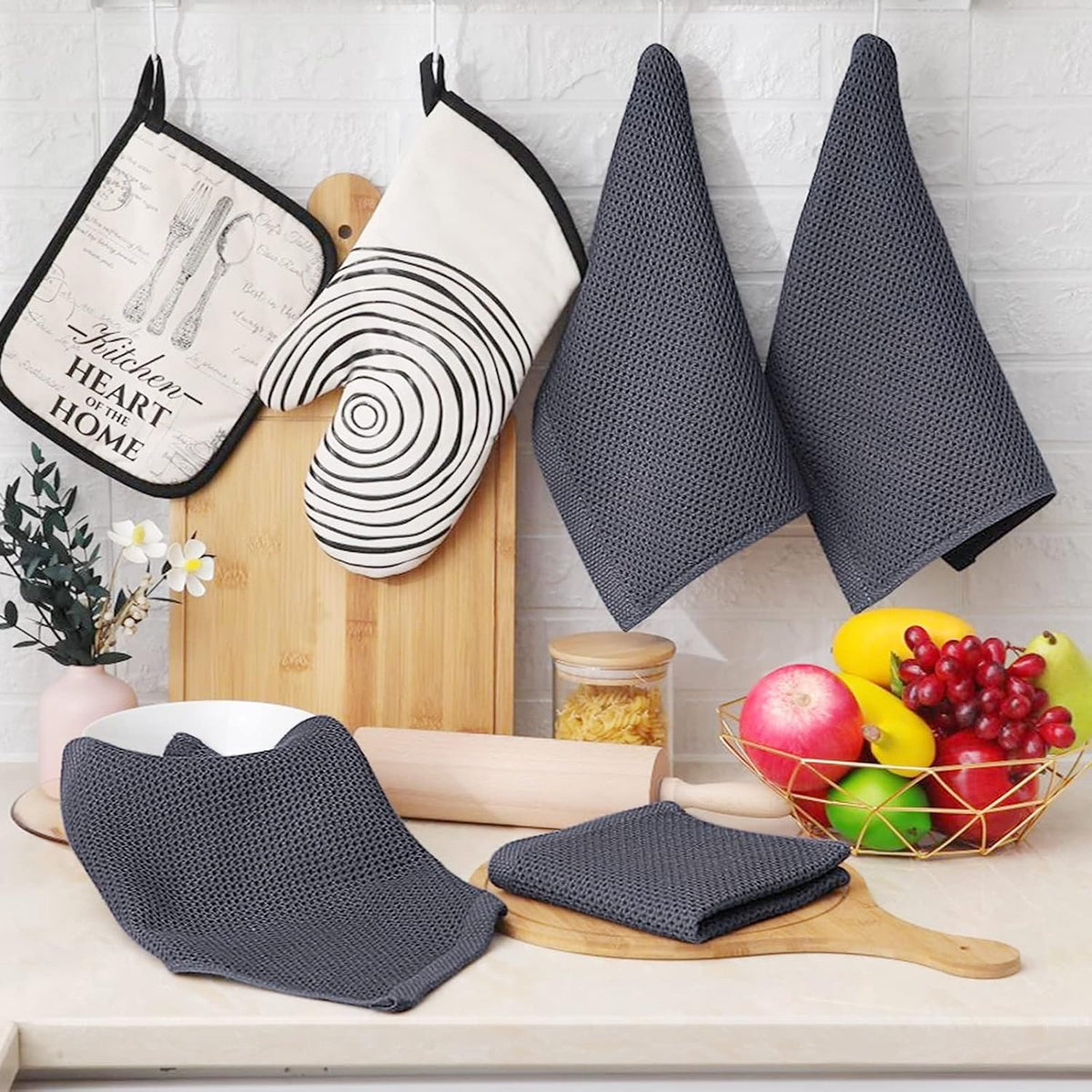Homaxy 100% Cotton Waffle Weave Kitchen Dish Cloths 6-Pack, Dark Grey