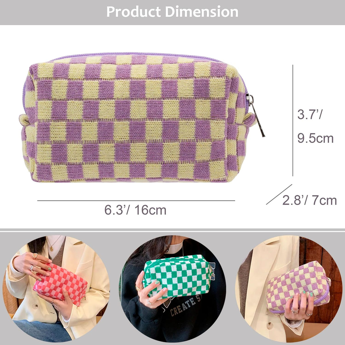 Checkered Makeup Bag for Purse, Small Travel Cosmetic Pouch,Purple,6 Pack