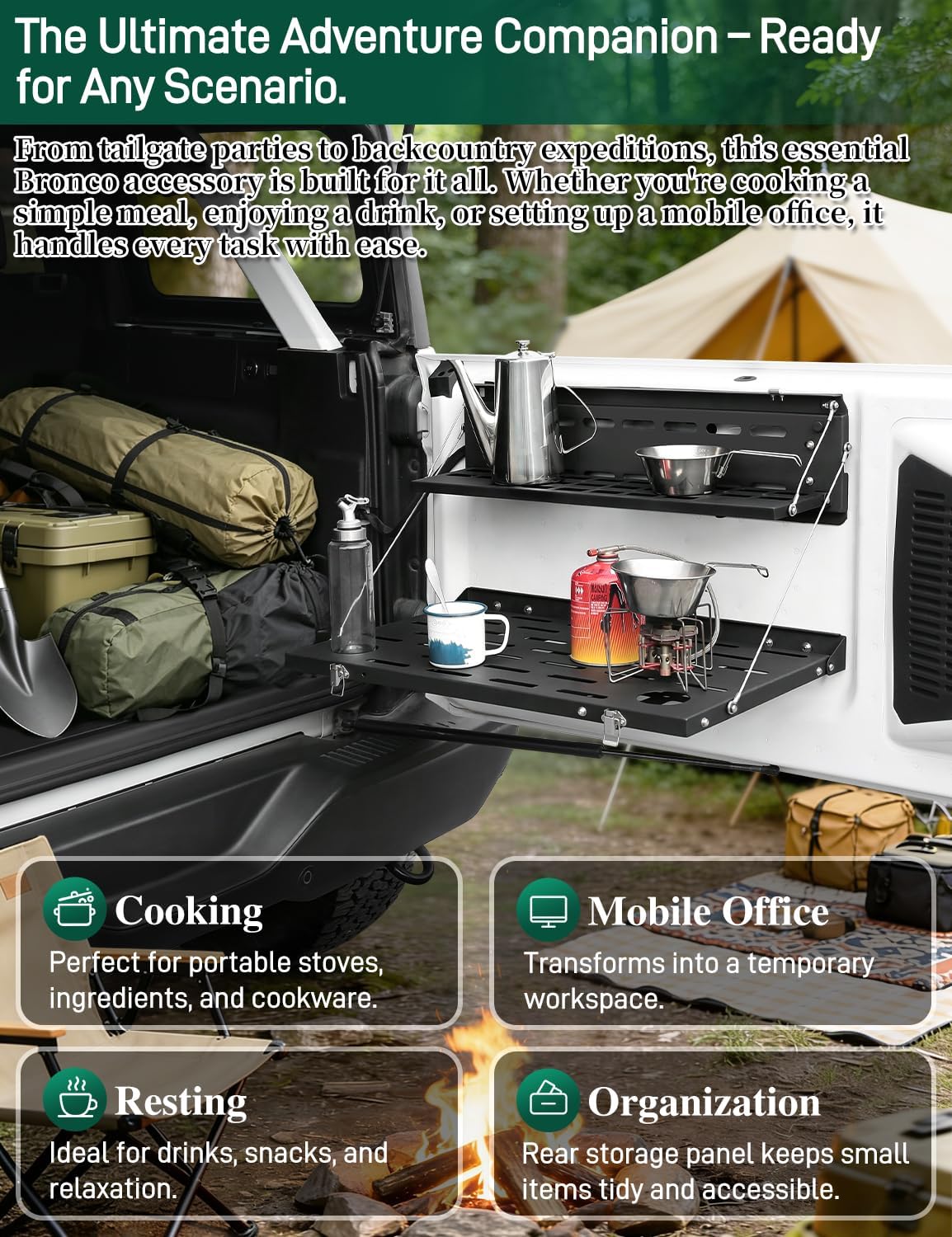 JROAD Bronco Double Layer Tailgate Table for 2021 2022 2023 2024 2025 2026 Ford Bronco 2/4 Door Rear Foldable Cargo Shelf Storage Shelf MOLLE Panel Bronco Accessories