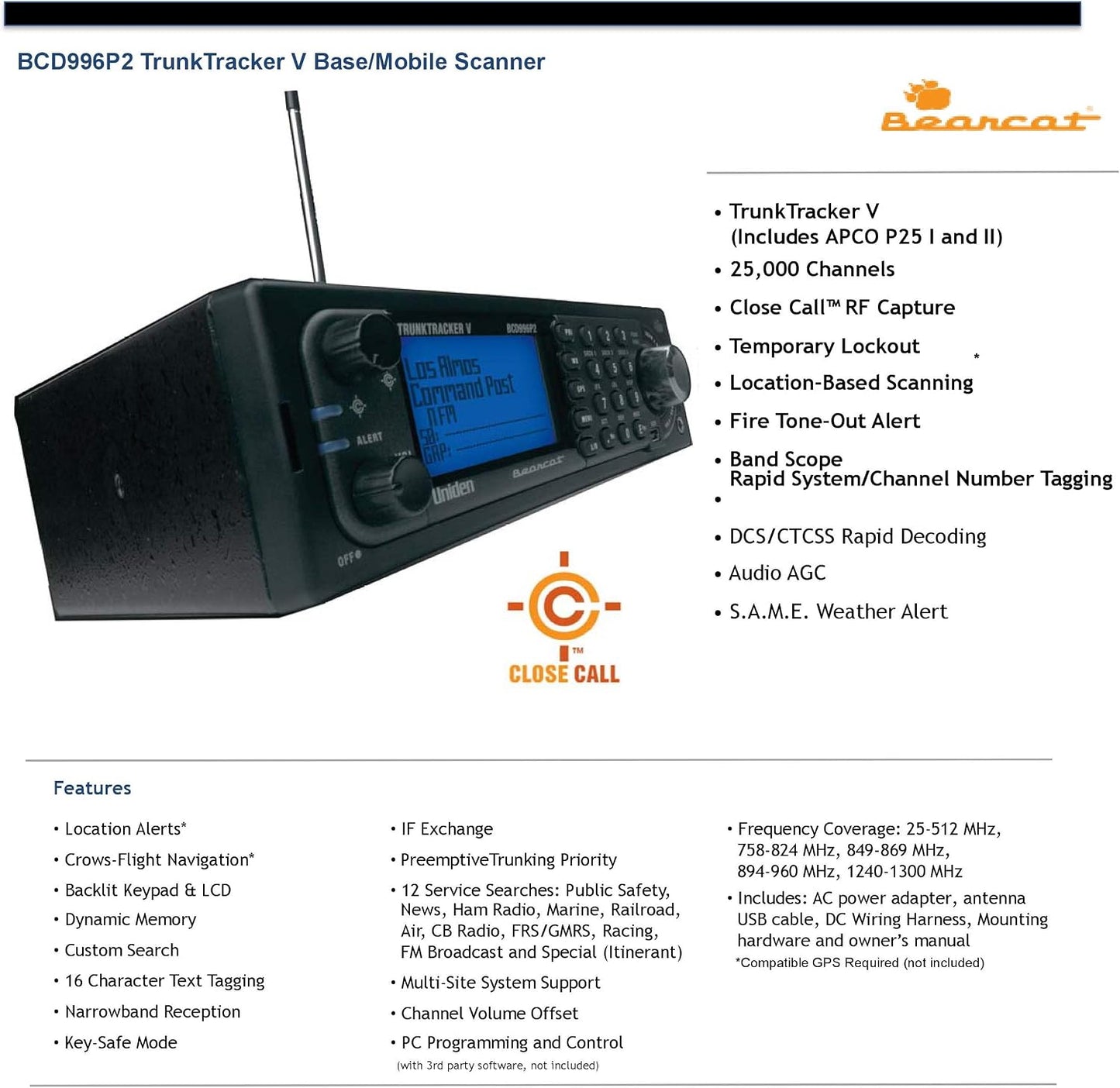 Uniden BCD996P2 Digital Mobile TrunkTracker V Scanner, 25,000 Dynamically Allocated Channels, Close Call RF Capture Technology, 4-Line Alpha Display, Base/Mobile Design, Phase 2