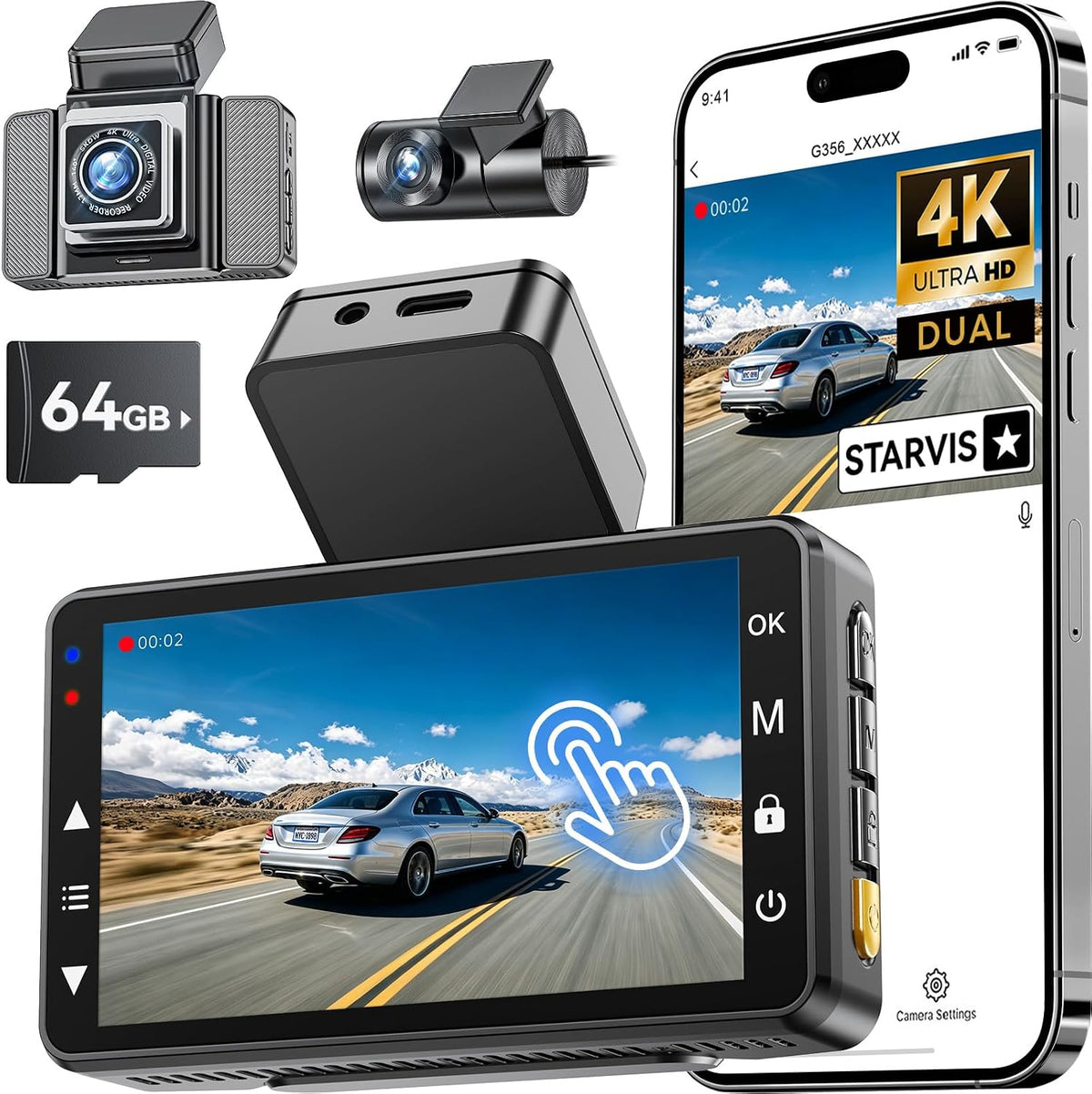 4K+4K Front‑Rear Dash Cam, 3.6" IPS Touch Screen, Sony STARVIS Image Sensor