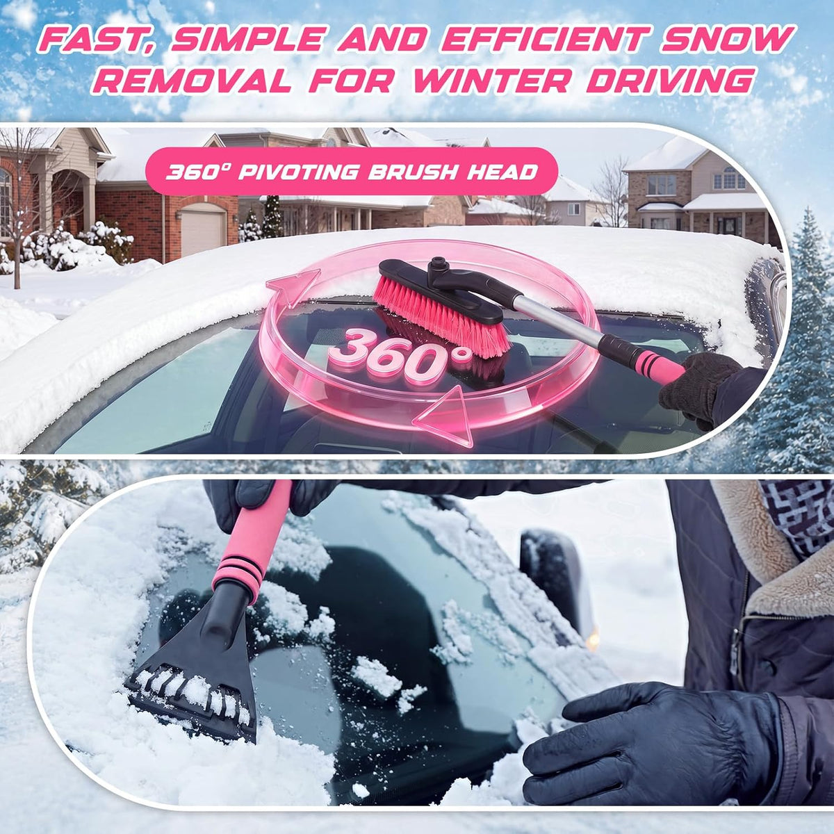 Ceenna 32" Extendable Snow Brush and Ice Scraper for Car Windshield, Pink 2 in 1 Detachable Snow Scraper with Soft Grip Handle, Rotating Brush Head Multi-Functional Removal Tool for Car, Truck, SUV