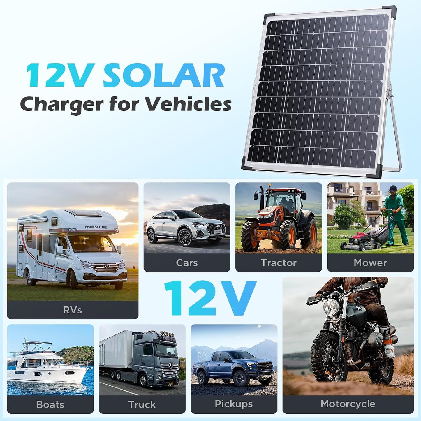 30W 12V Solar Battery Charger & Maintainer, Waterproof Trickle Charging Kit with IP68 Intelligent Controller, High-Performance Tempered Glass, for Car, RV, Marine, Camper and Trailer