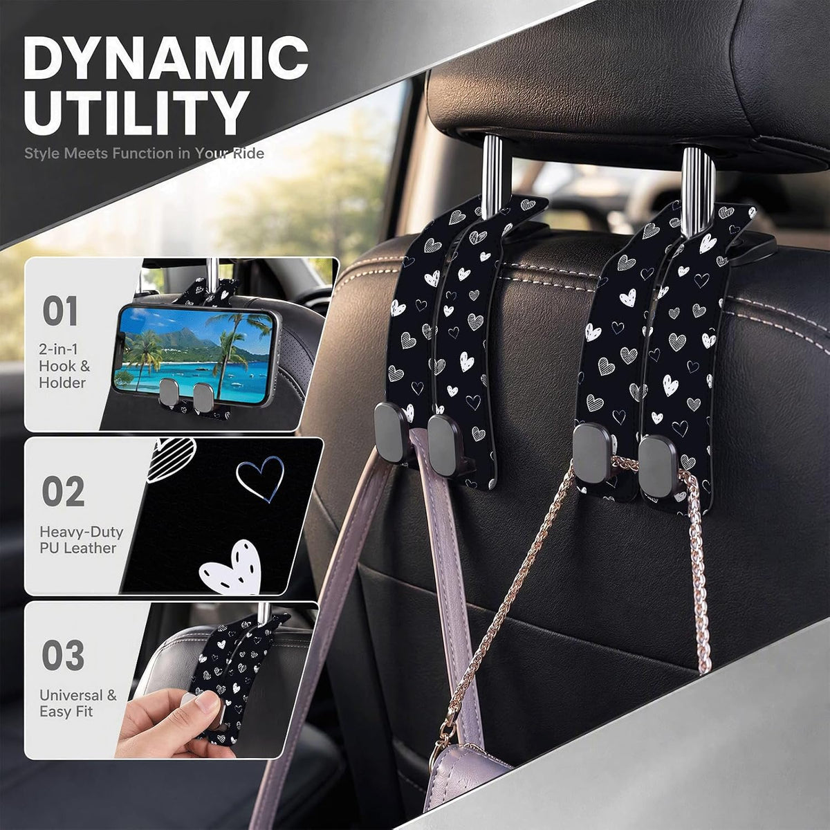 Car Purse Hook Purse Hook for Car Seats Headrest Car Seat Hook, Universal Cute Car Hanger Holder, Car Interior Accessories for Handbags Black Cute Heart