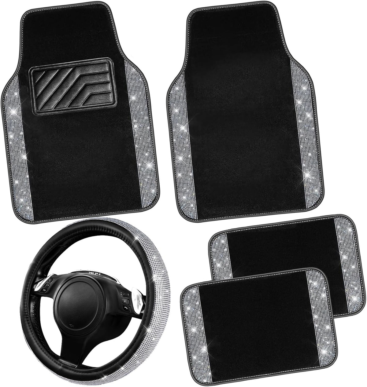 CAR PASS Bling Diamond Leather Steering Wheel Cover 14.5in-15in Floor Mats Shining Rhinestone Carpet Sparkly Glitter Crystal Anti-Slip Pad Fit Automotive SUV Pickup Truck Girl Women, 5pcs Black Sliver