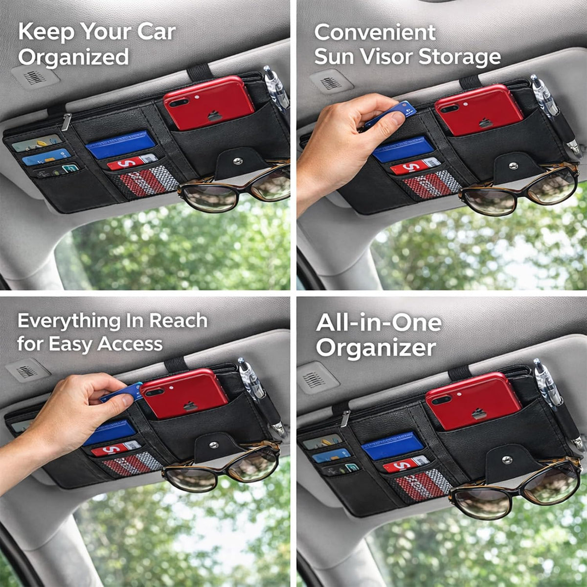 Car Sun Visor Multi-Pocket Organizer — Black (Universal Car/SUV/Truck Storage Pouch)