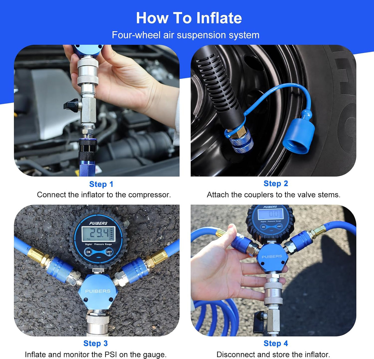 4 Tire Inflation System, 4 Way Tire Inflation Deflation System, Air Down Tire Deflators Kit Fits Up to 155" Wheelbase,Simultaneous Four Wheel Inflation for Off-Road Vehicles Car
