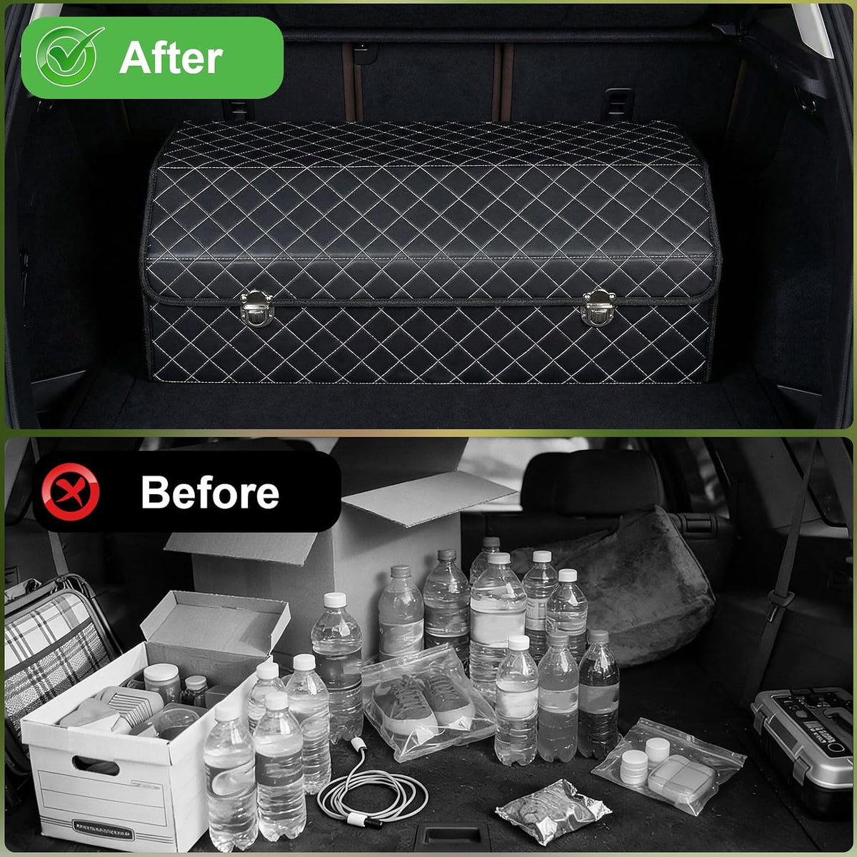 Trunk Organizer with Lid for Car Foldable Storage Box Heavy Duty PU Leather Cargo Organizer for SUV Sedan Waterproof (Black, Large)