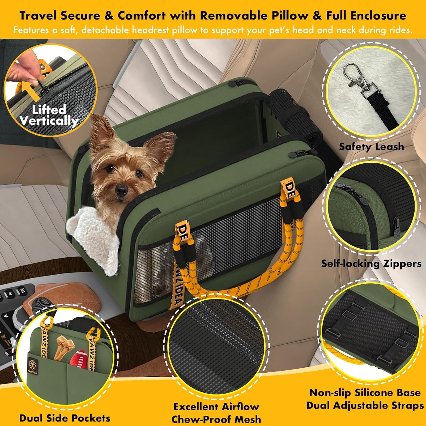 PAWZIDEA Center Console Dog Car Seat, Enclosed Small Dog Armrest Booster Carseat, Secure Straps &Anti Slip, Portable TSA Approved Puppy Pet Carrier Soft-Sided, Removable Pillow Storage Pocket, up 12lb