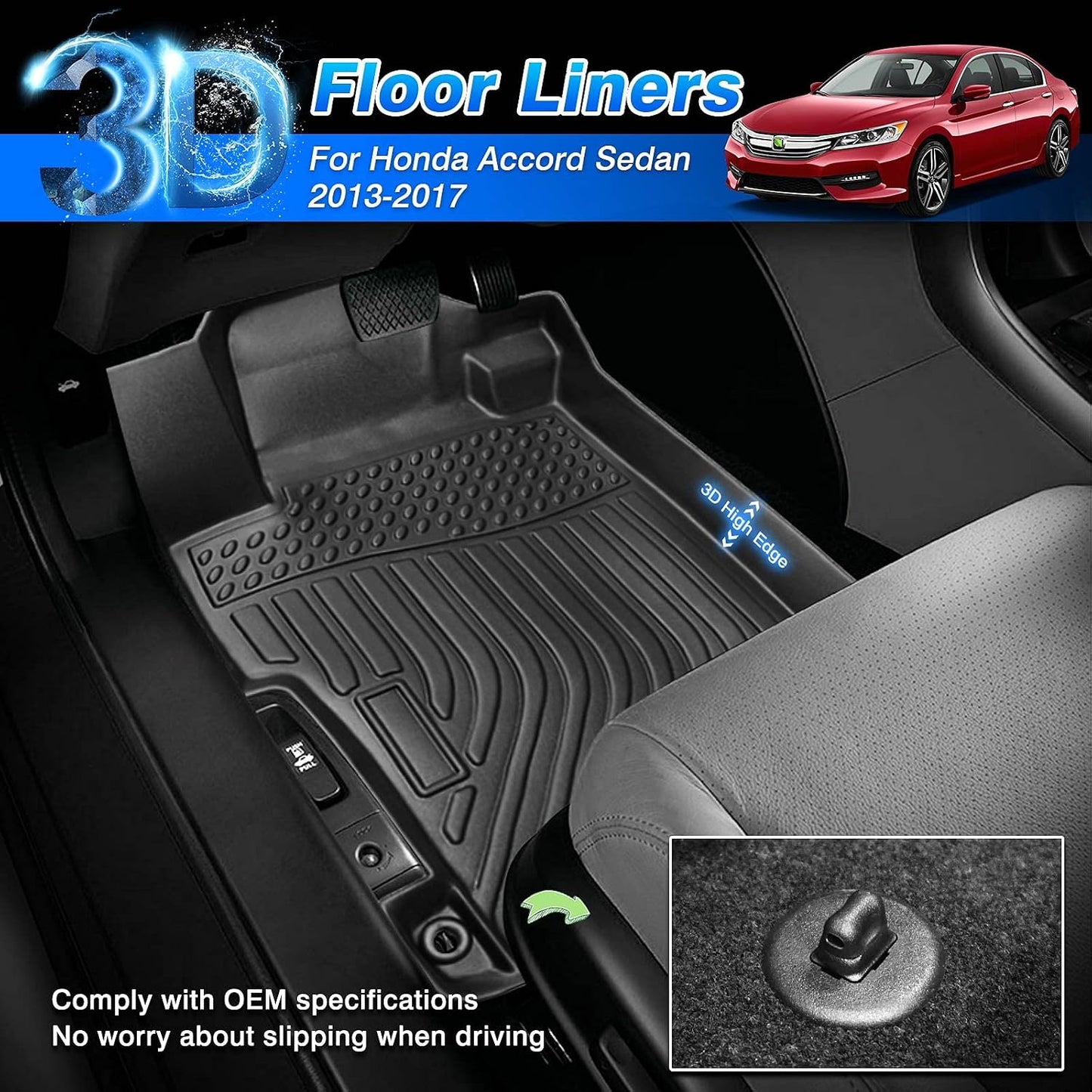 Accord Floor Mats - Car Mats for Honda Accord Sedan 2013-2017 (Not Fit Coupe Model), All Weather Flor Mat for Accord Accessories, Heavy Duty Rubber Mats, Car Accessories