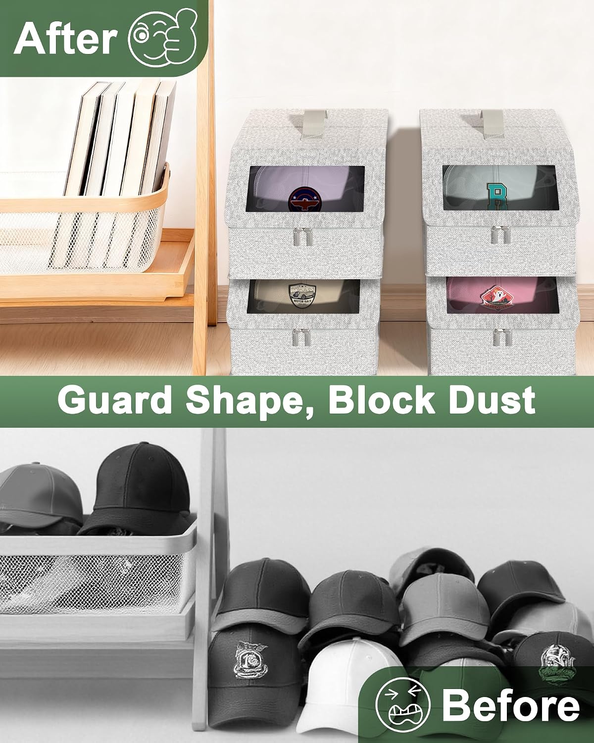 Hat Organzier for Baseball Caps - 2 PCS Stackable Hat Storage Holder Holds up to 26 Caps for Closet, Dust-Proof Hat Boxes Container with Clear Window for Home