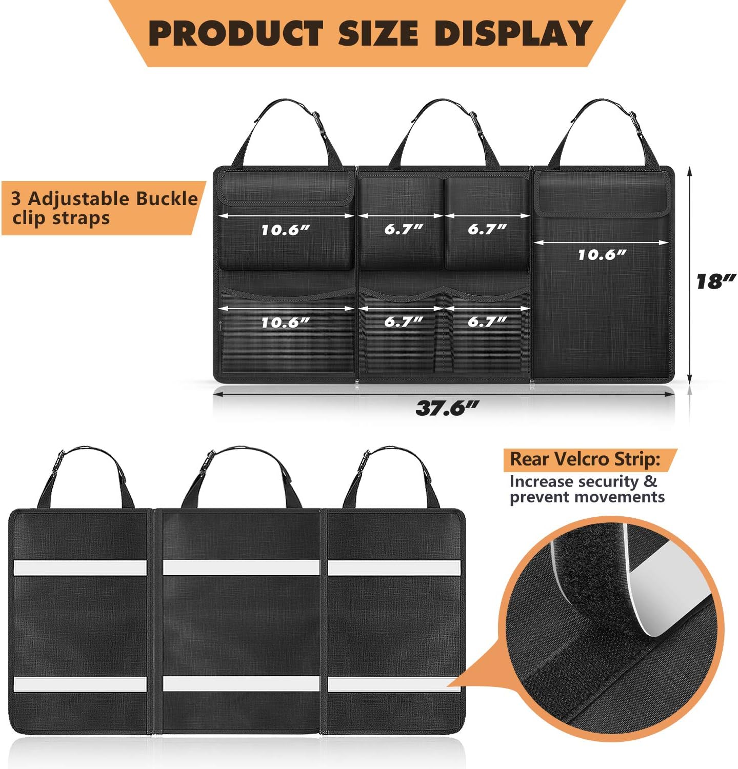 FINPAC Car Trunk Organizer and Storage, Detachable Seat Back Hanging Organizers Storage with Zippers, Large Capacity Car Accessories Interior for Jeeps, SUVs, Vans (Black)