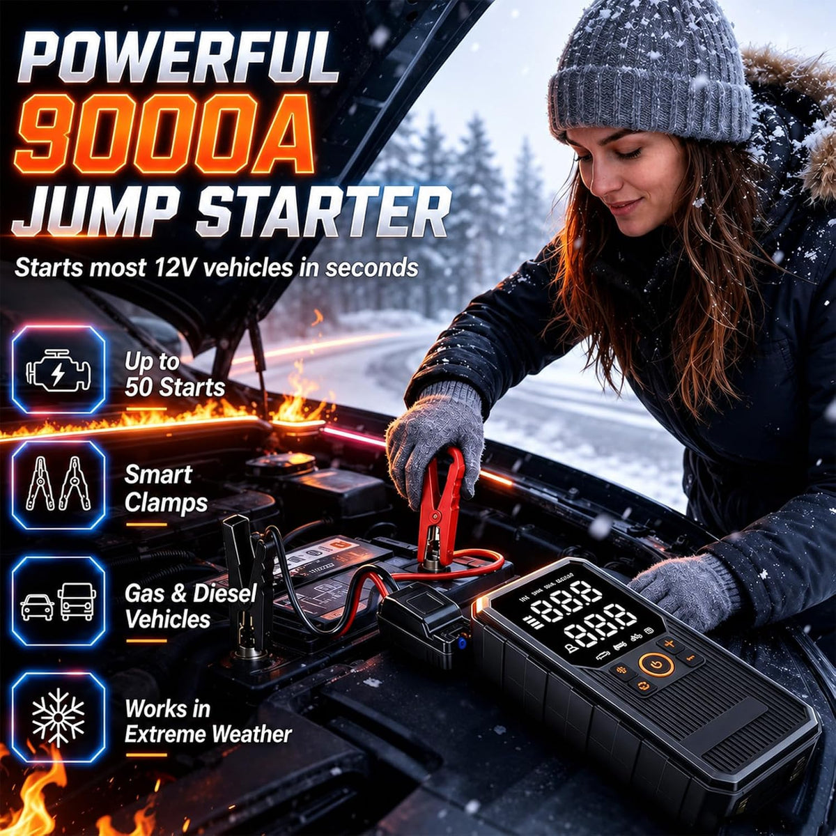 9000A Jump Starter with Air Compressor, Portable Tire Inflator, German-Tech Fast-Charging Power Bank Car Battery Booster for Car Owners Camping, Road Trips, Family Safety & Gift Giving